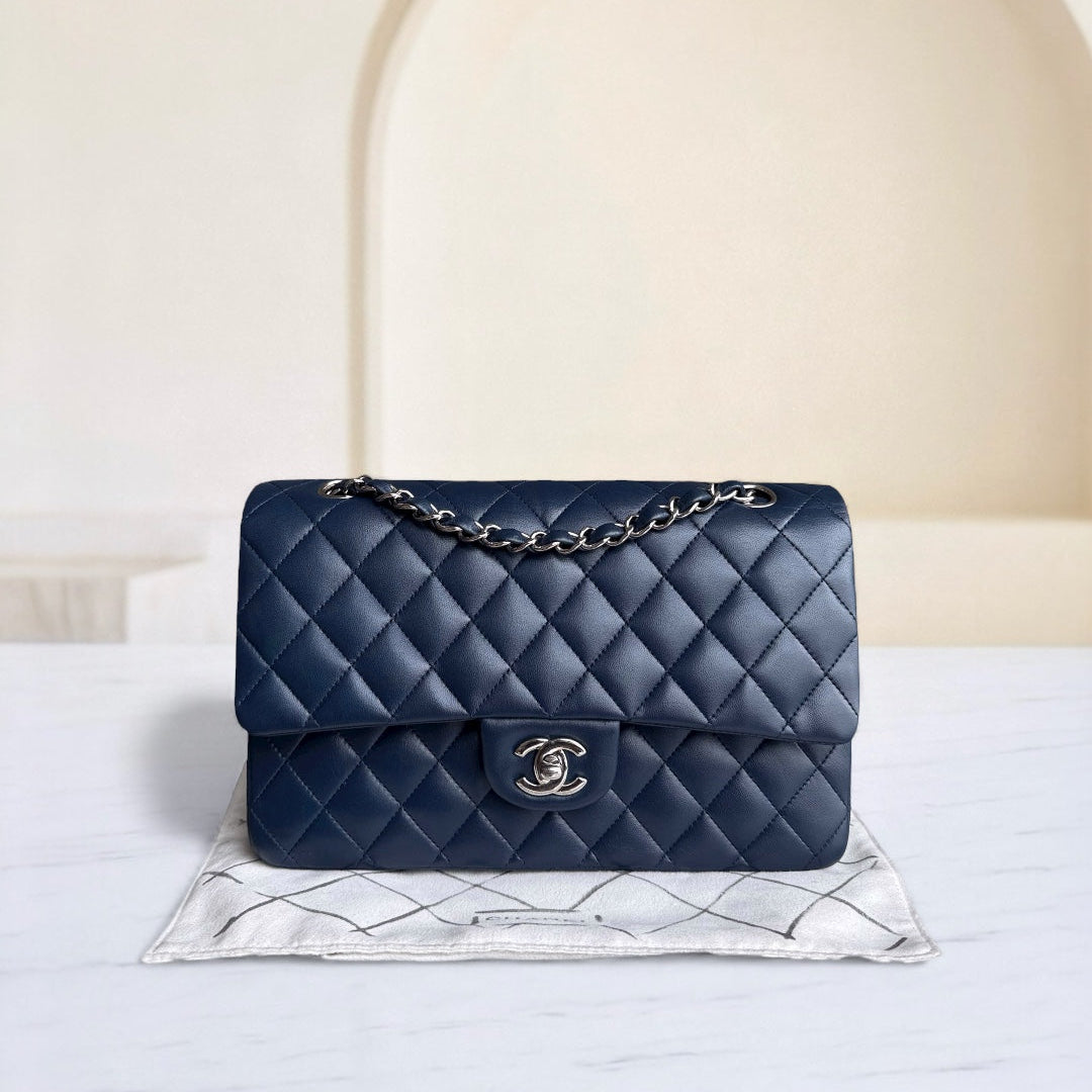 Chanel Classic Flap Medium - 25CM Quilted Lambskin Dark Blue Silver Hardware Series 13