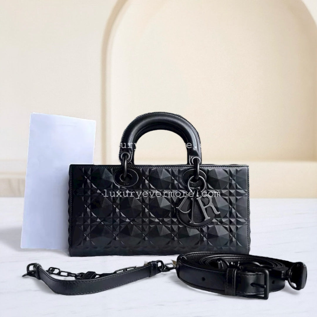 Dior D-Joy Medium - Black Cannage Dimond Motif All Black Hardware