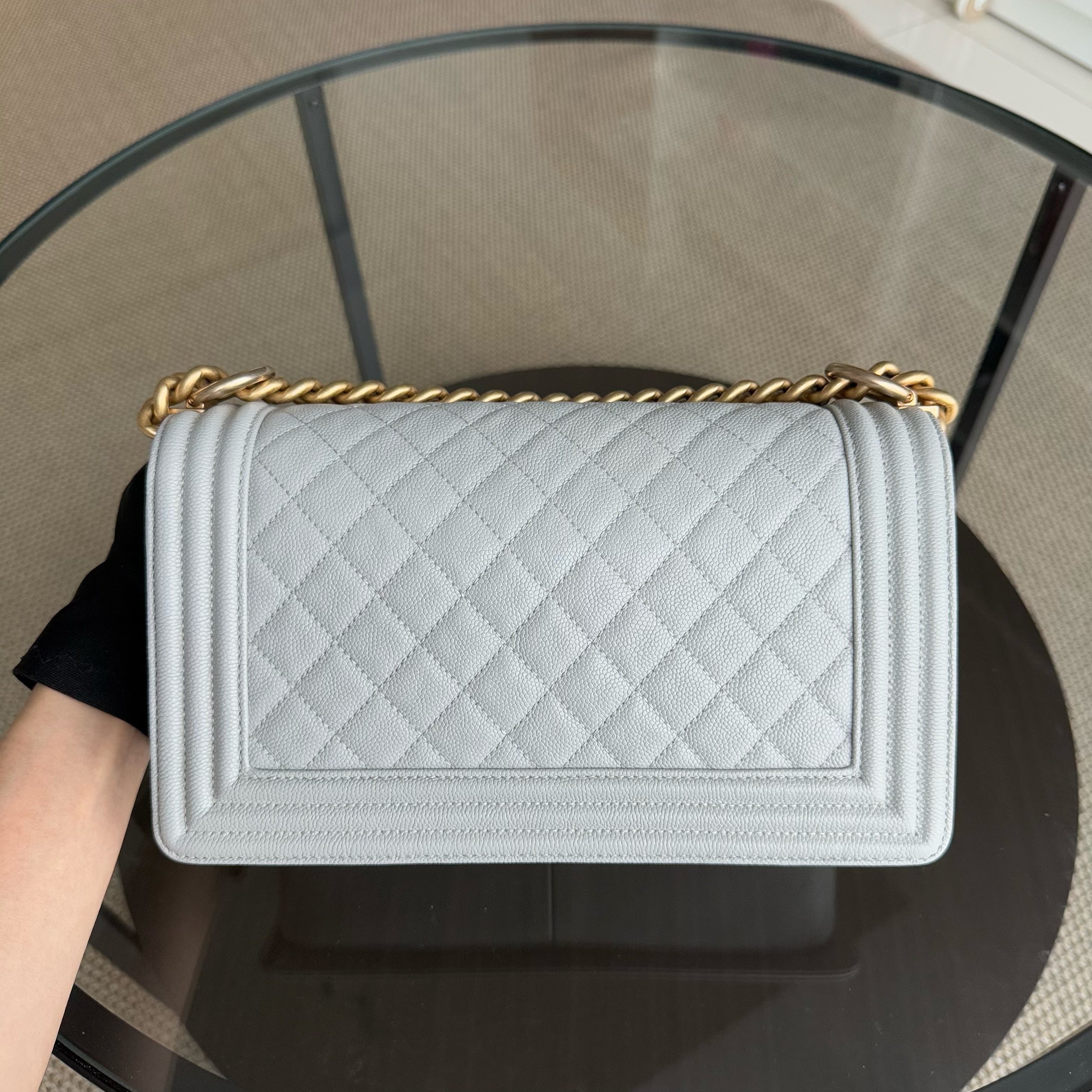 Chanel Boy Medium - Caviar 25CM Quilted Light Grey Gray Gold Hardware Series 25