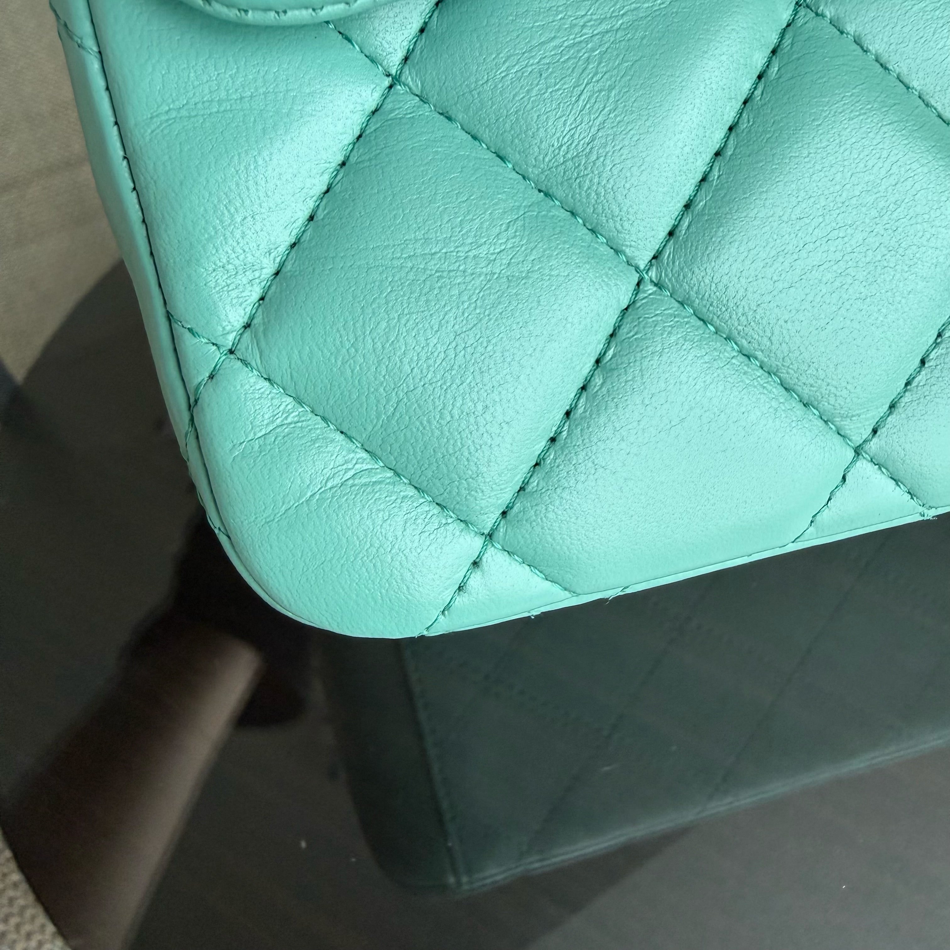 Chanel Classic Flap Maxi - 33CM Quilted Single Flap Lambskin Tiffiny Blue Silver Hardware Series 13