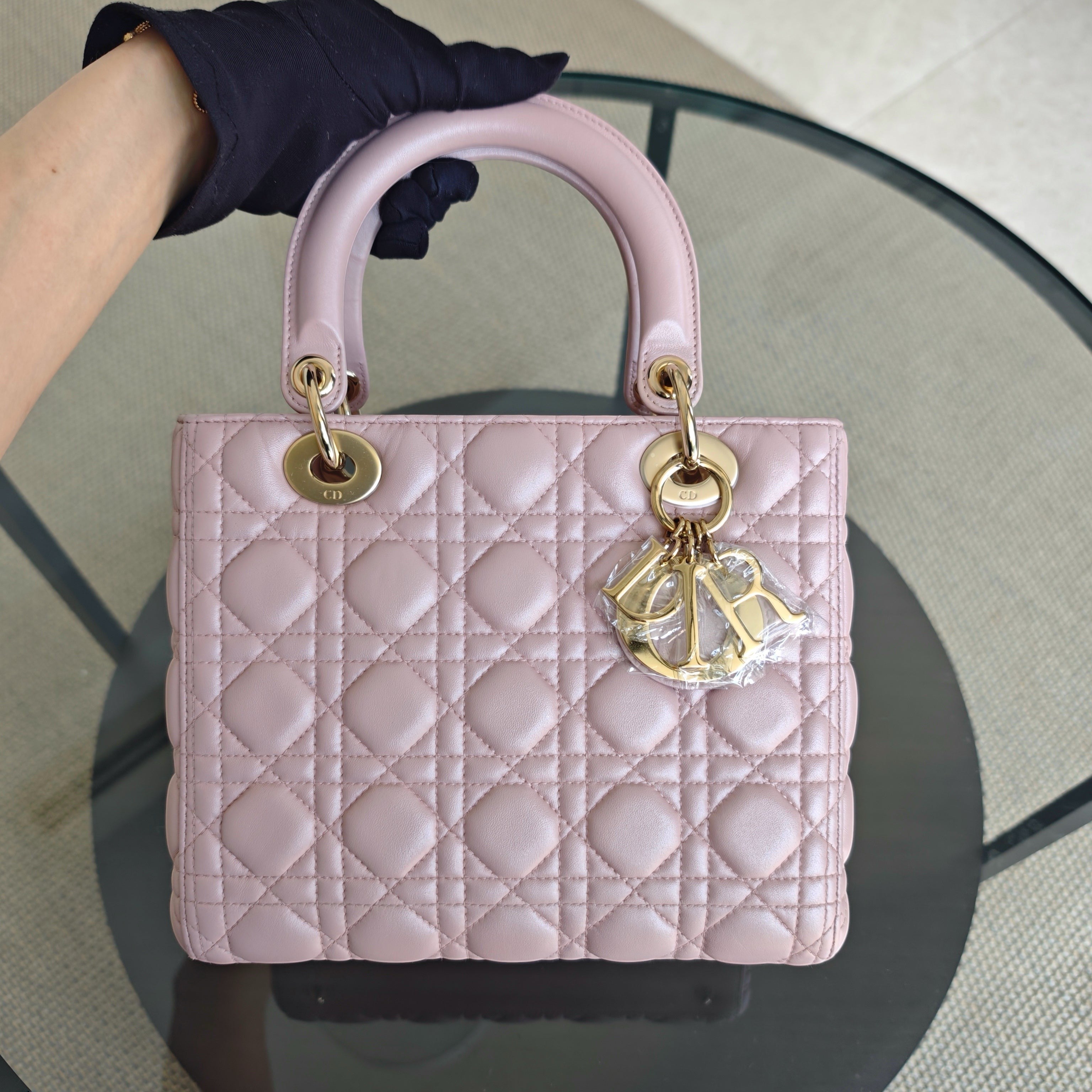 Dior Lady Medium - Cannage Lambskin Light Pink Gold Hardware Adjustable Strap