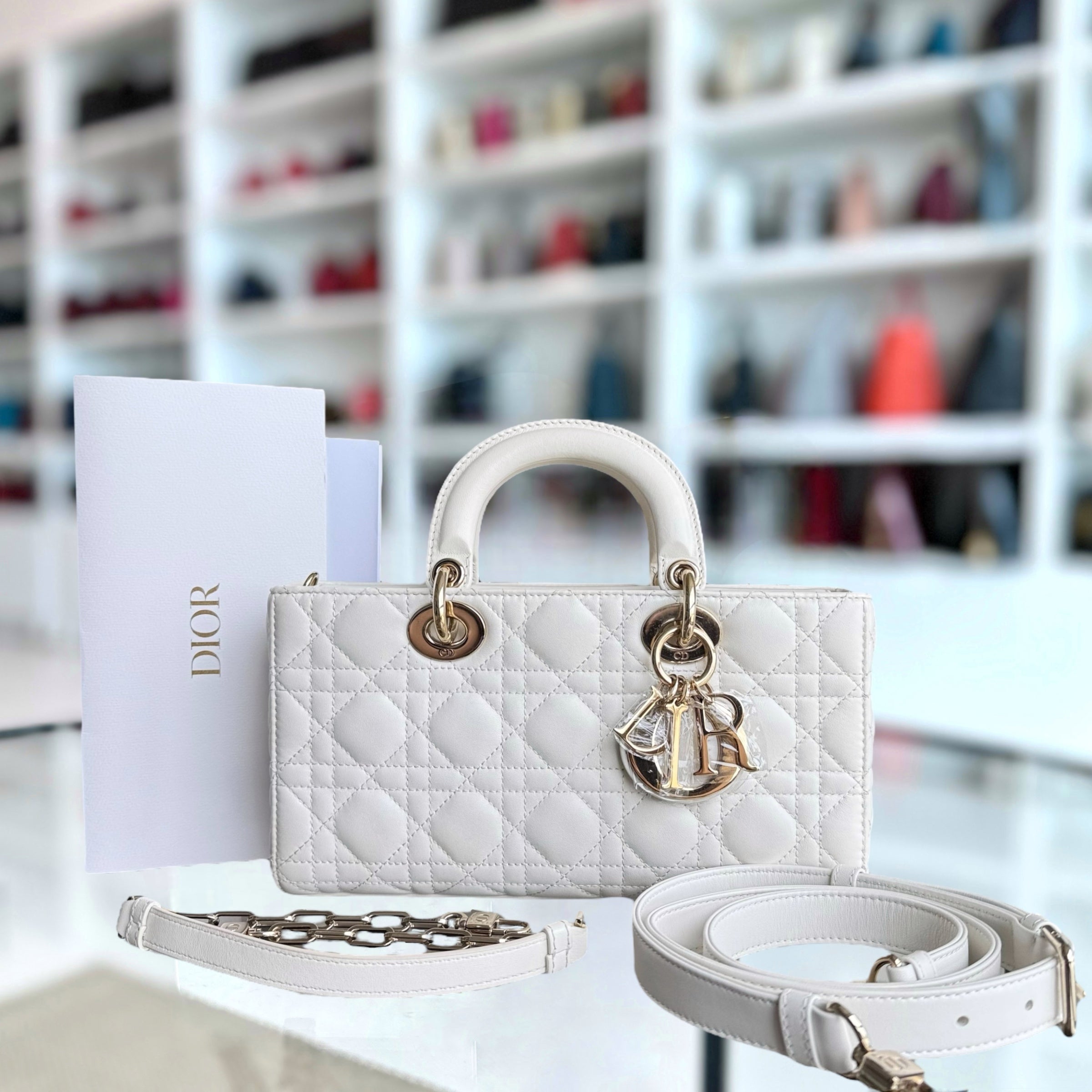 Dior D-joy Medium - Cannage Lambskin White Gold Hardware