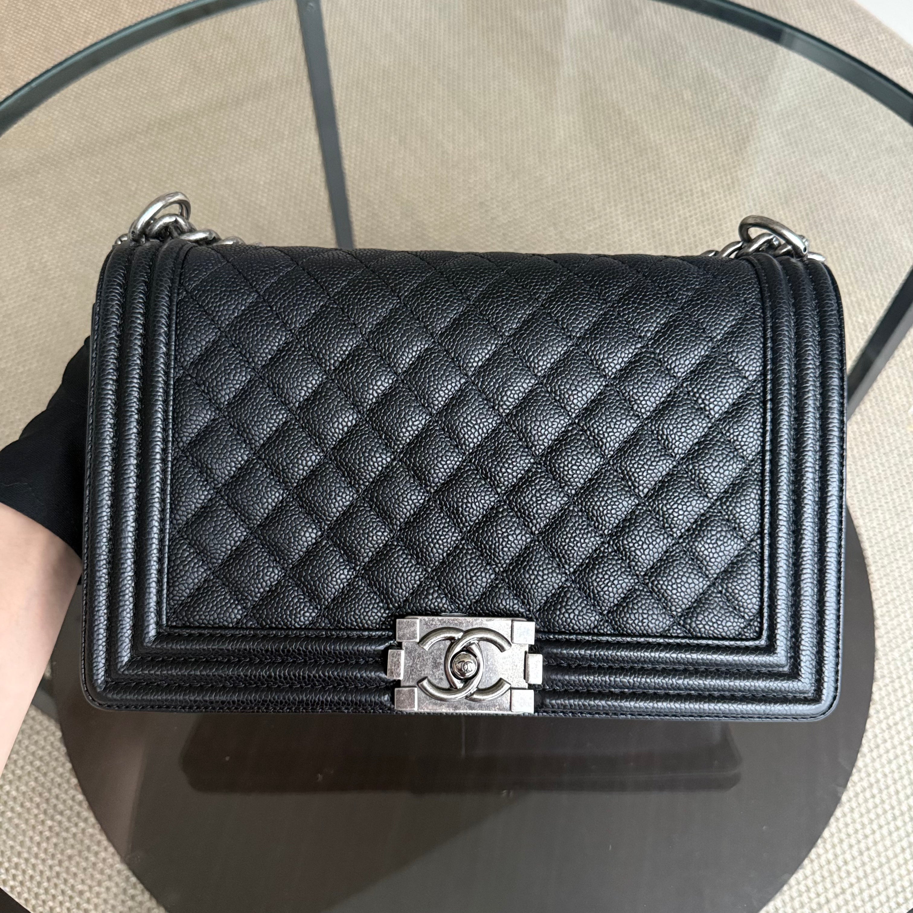 Chanel Boy Medium - Caviar 28CM Quilted Ruthenium Silver Hardware Series 19