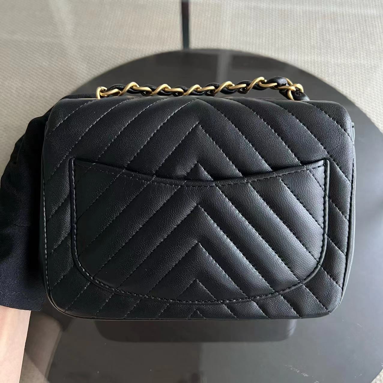 Chanel Mini Square Classic Flap Chevron Black Golden Hardware Series 21