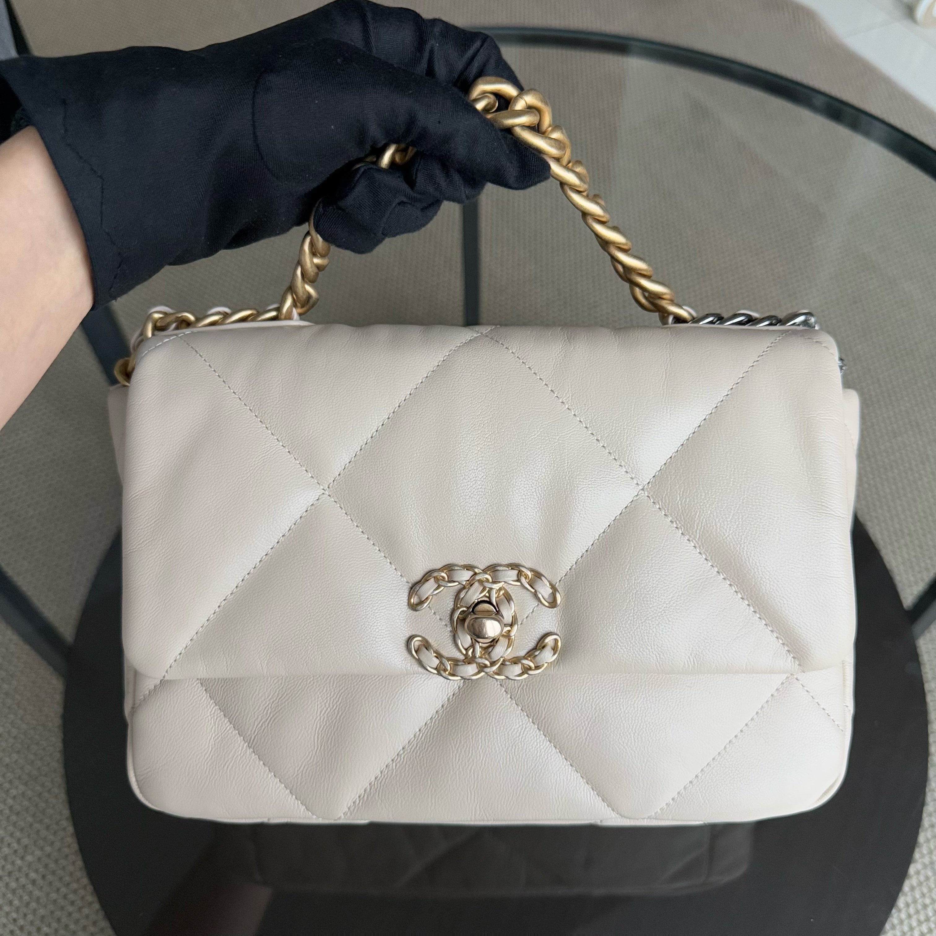 Chanel 19 Bag  Small- C19 Quilted Goatskin Cream White Two-tone Hardware Series 30