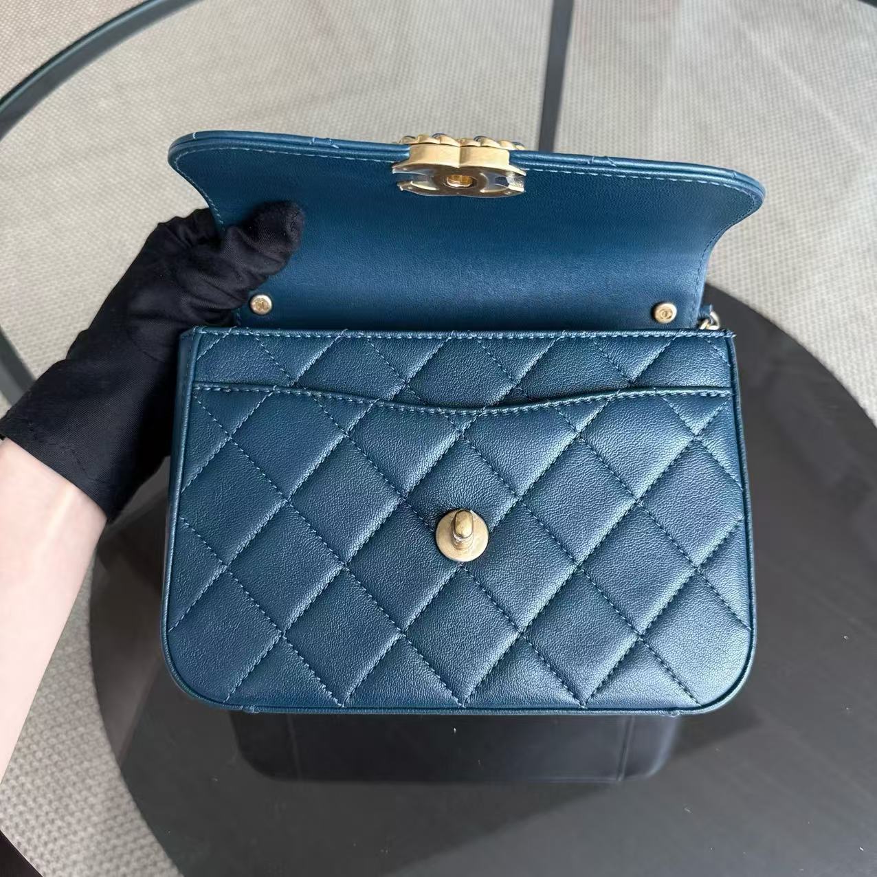 *Unused* Chanel 19 Flap - C19 With Top Handle 19 Bag Quilted Lambskin Blue Gold Hardware Series 28