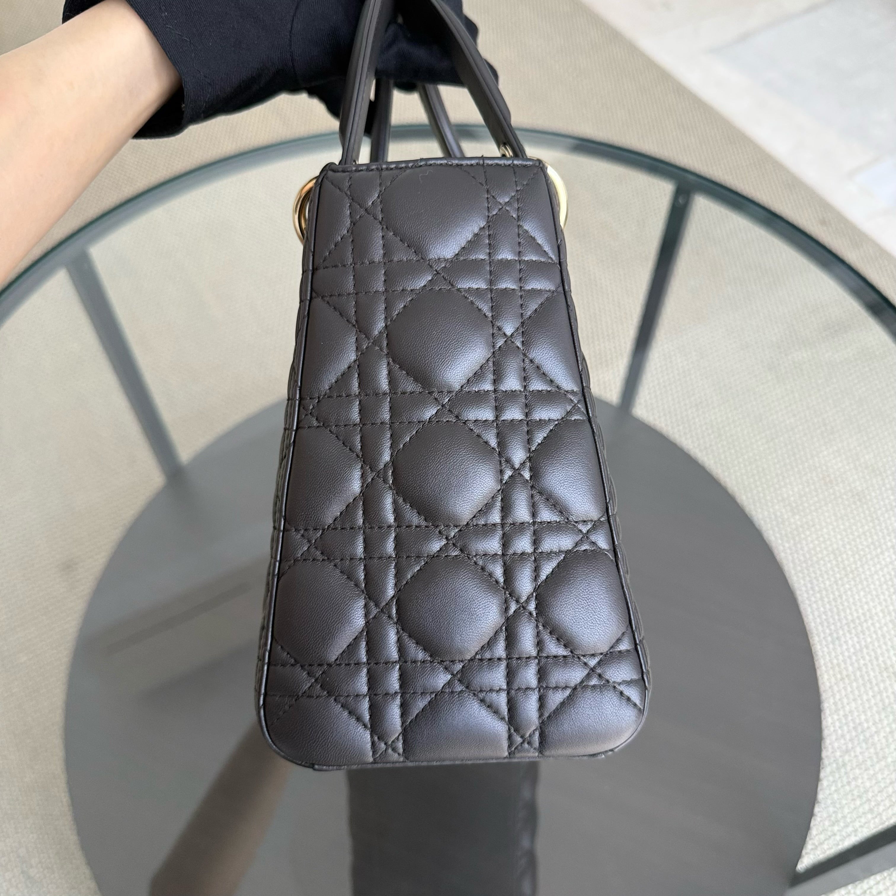 Dior Lady Medium - Cannage Lambskin Dark Gray Gold Hardware Adjustable Strap