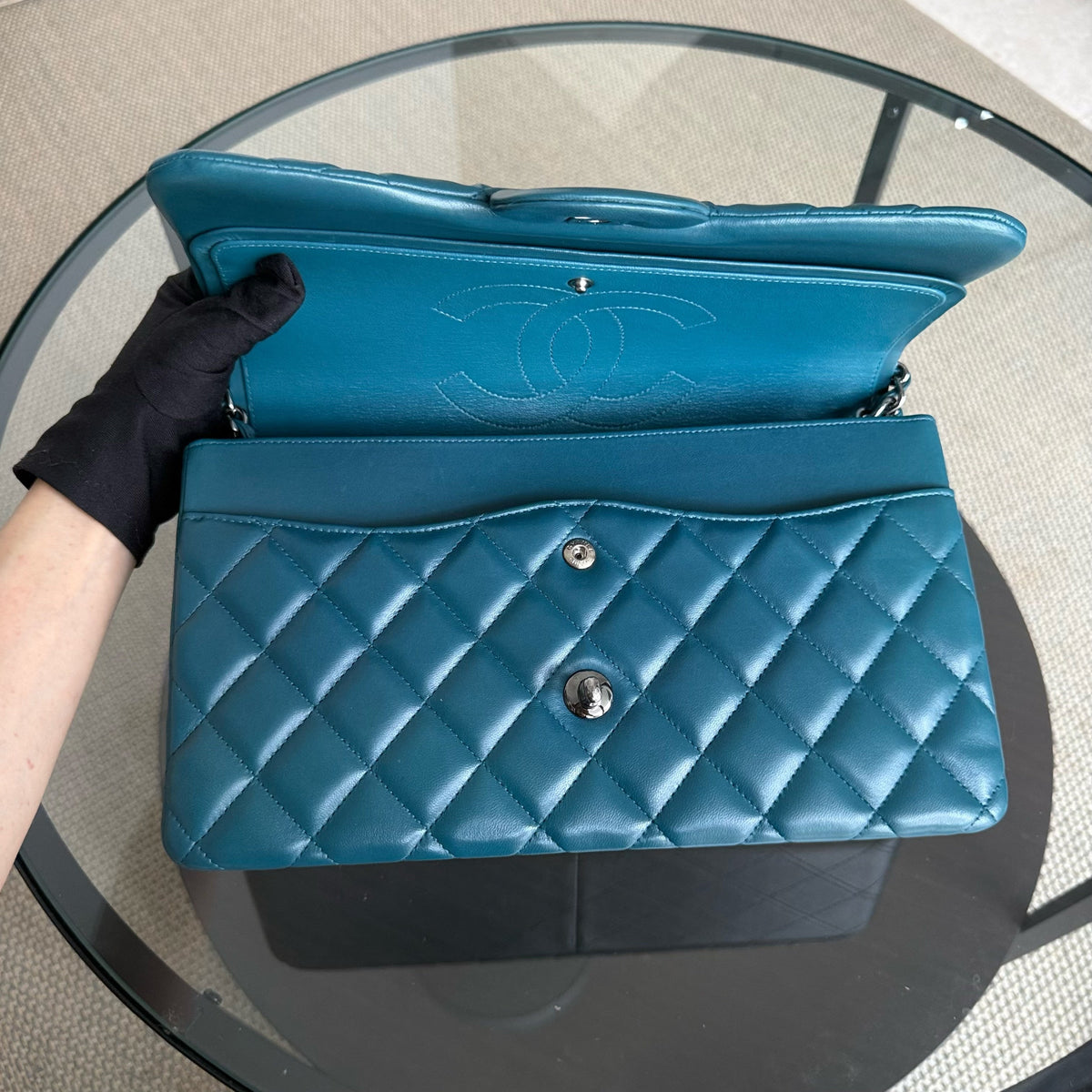 Chanel Classic Flap Jumbo - Double Flap 30CM Quilted Lambskin Dark Turquoise Dark Silver Hardware Series 15