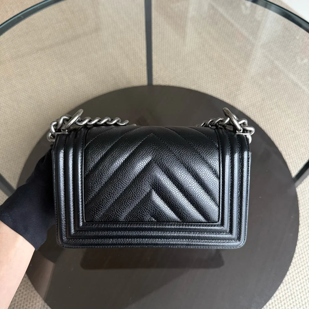 Chanel Boy Small - Caviar 20CM Chevron Grained Calfskin Black Leboy Ruthenium Sliver Hardware Series 28