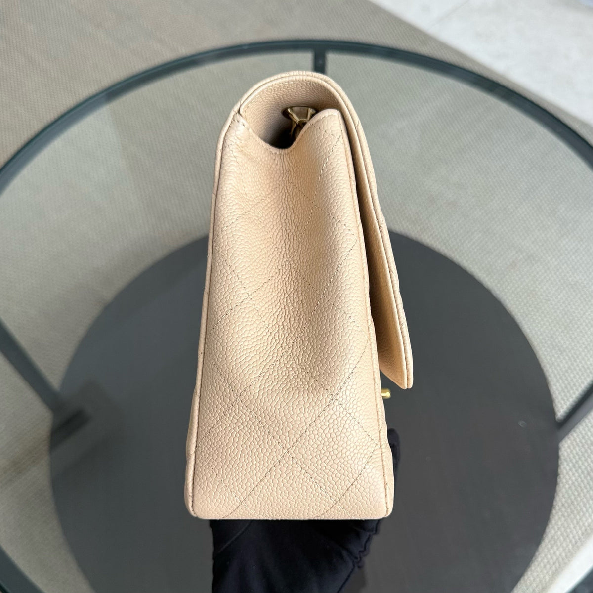 Chanel Classic Flap Jumbo - Caviar 30CM Single Flap Quilted Beige Gold Hardware Series 12