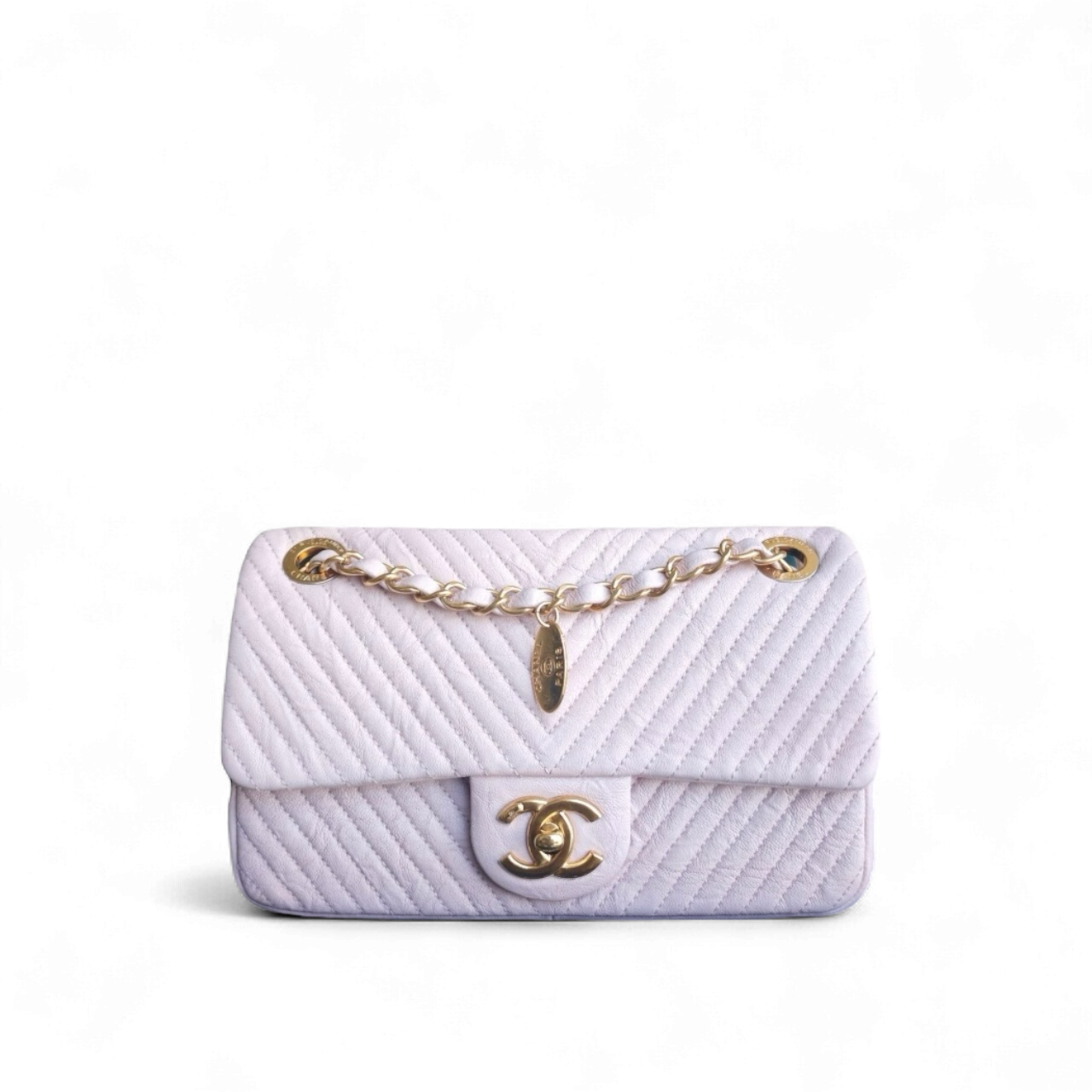 Chanel Seasonal Flap - Chevron Surpique CC Herringbone Medallion Flap Light pink Gold Hardware Series 22