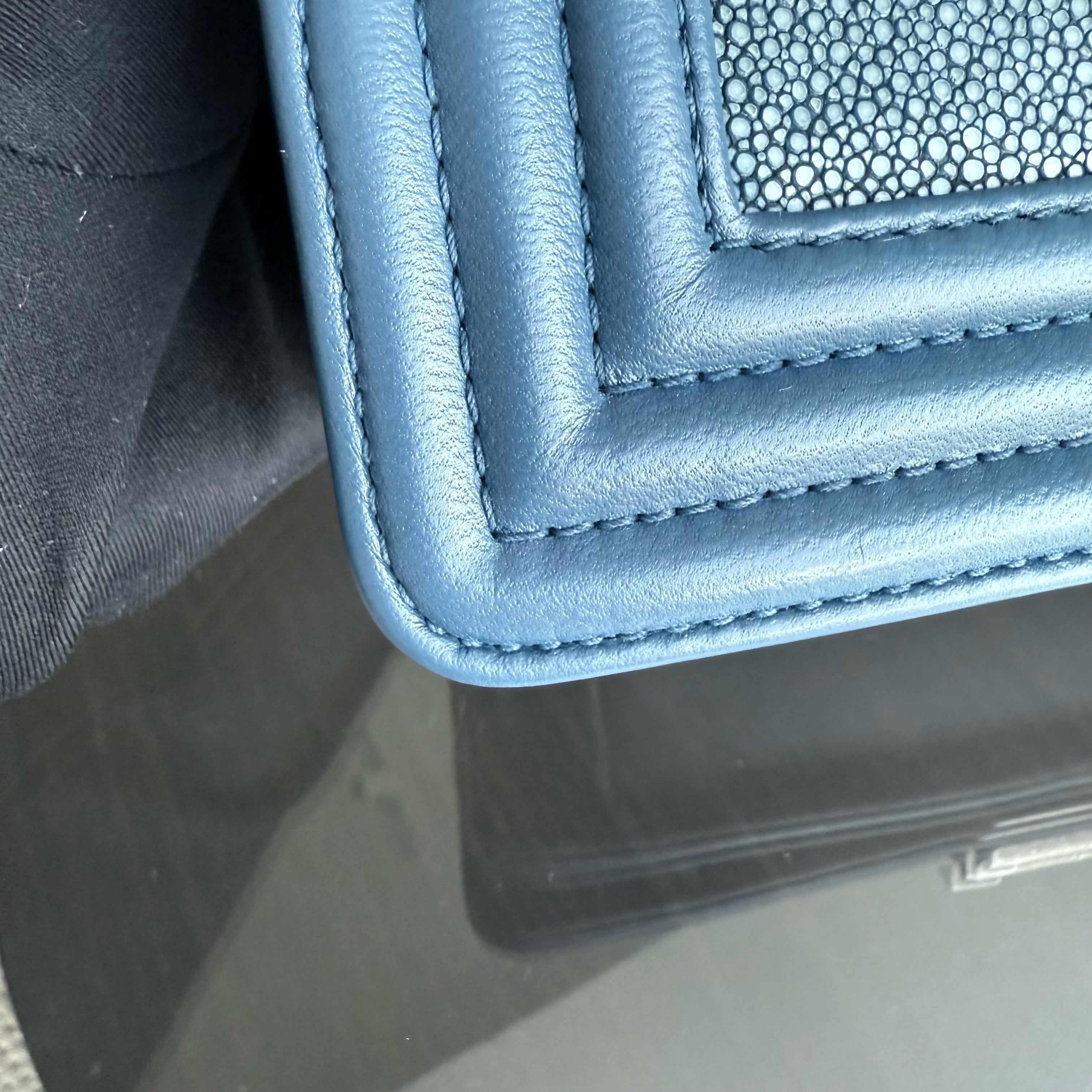 Chanel Boy Small - Small Galuchat Stingray Blue Ruthenium Silver Hardware Series 16