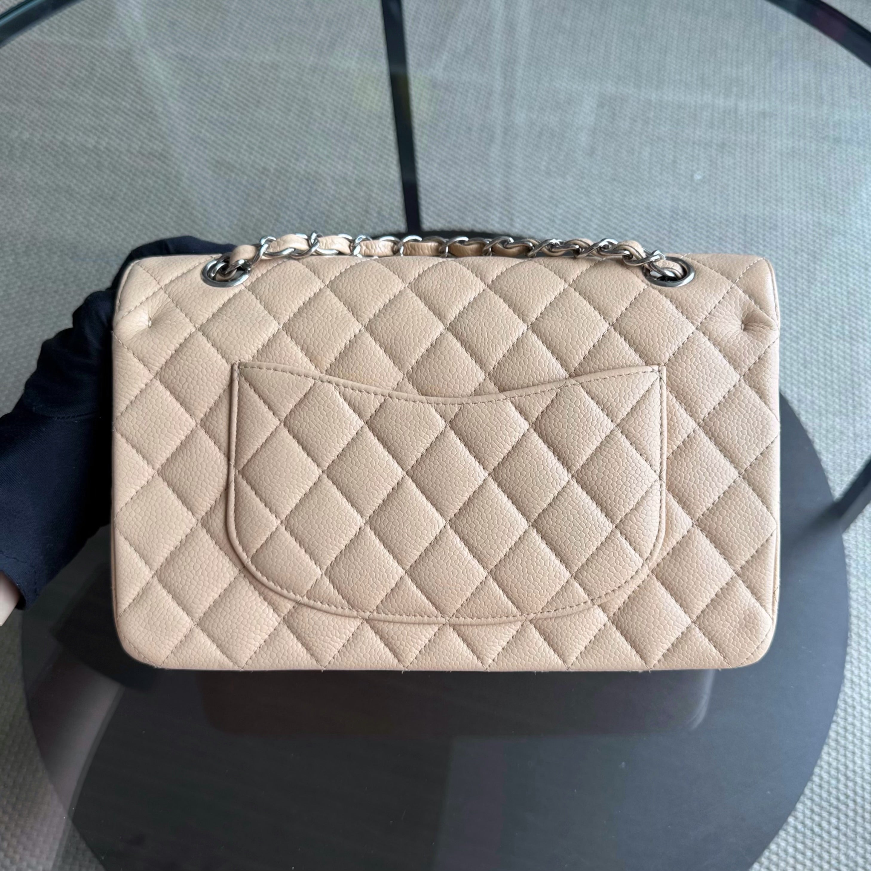 Chanel Classic Flap Medium - 25CM Quilted Caviar Beige Silver Hardware Series 12