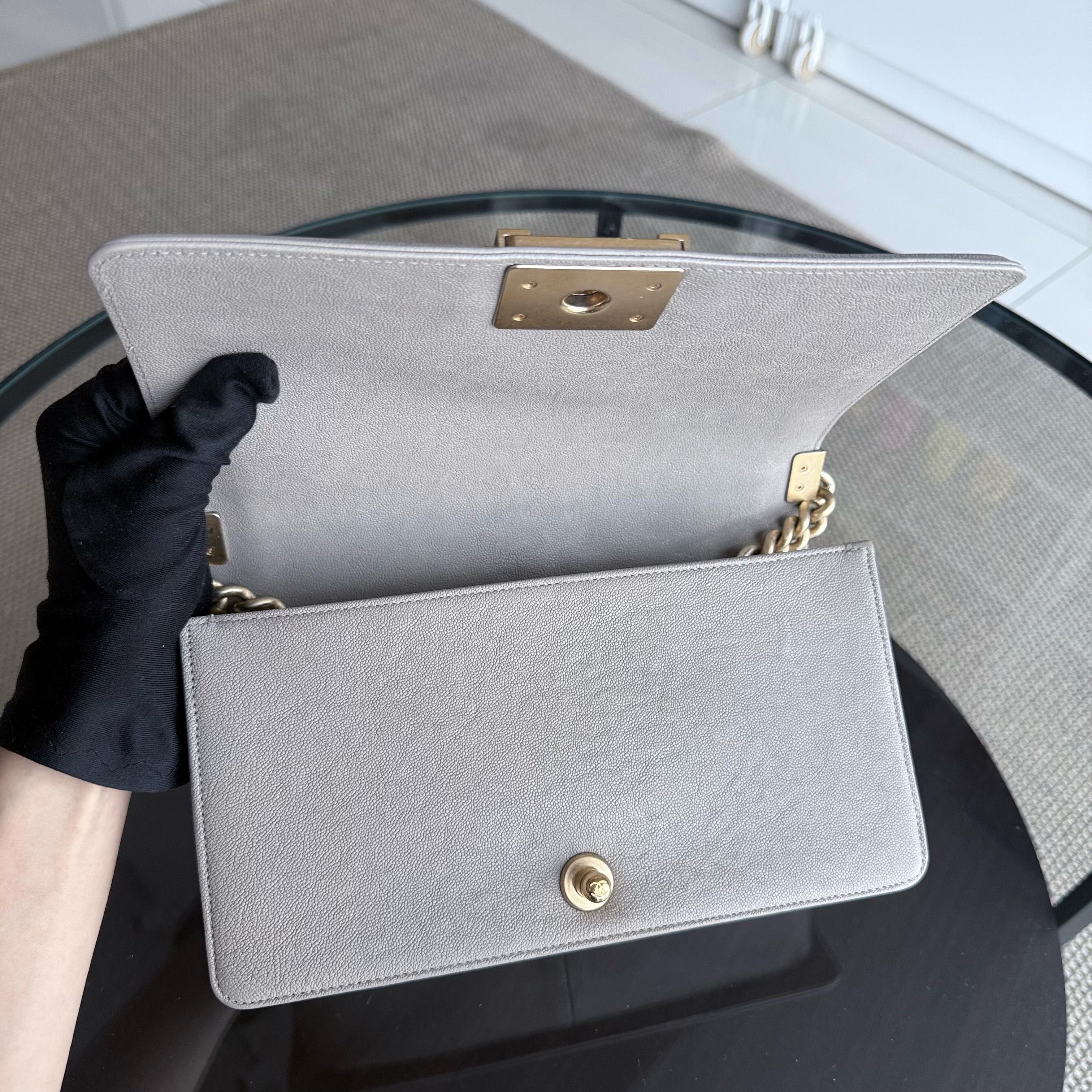 Chanel Boy Medium - Caviar 25CM Quilted Grained Calfskin Grey Gray Gold Hardware Series  27