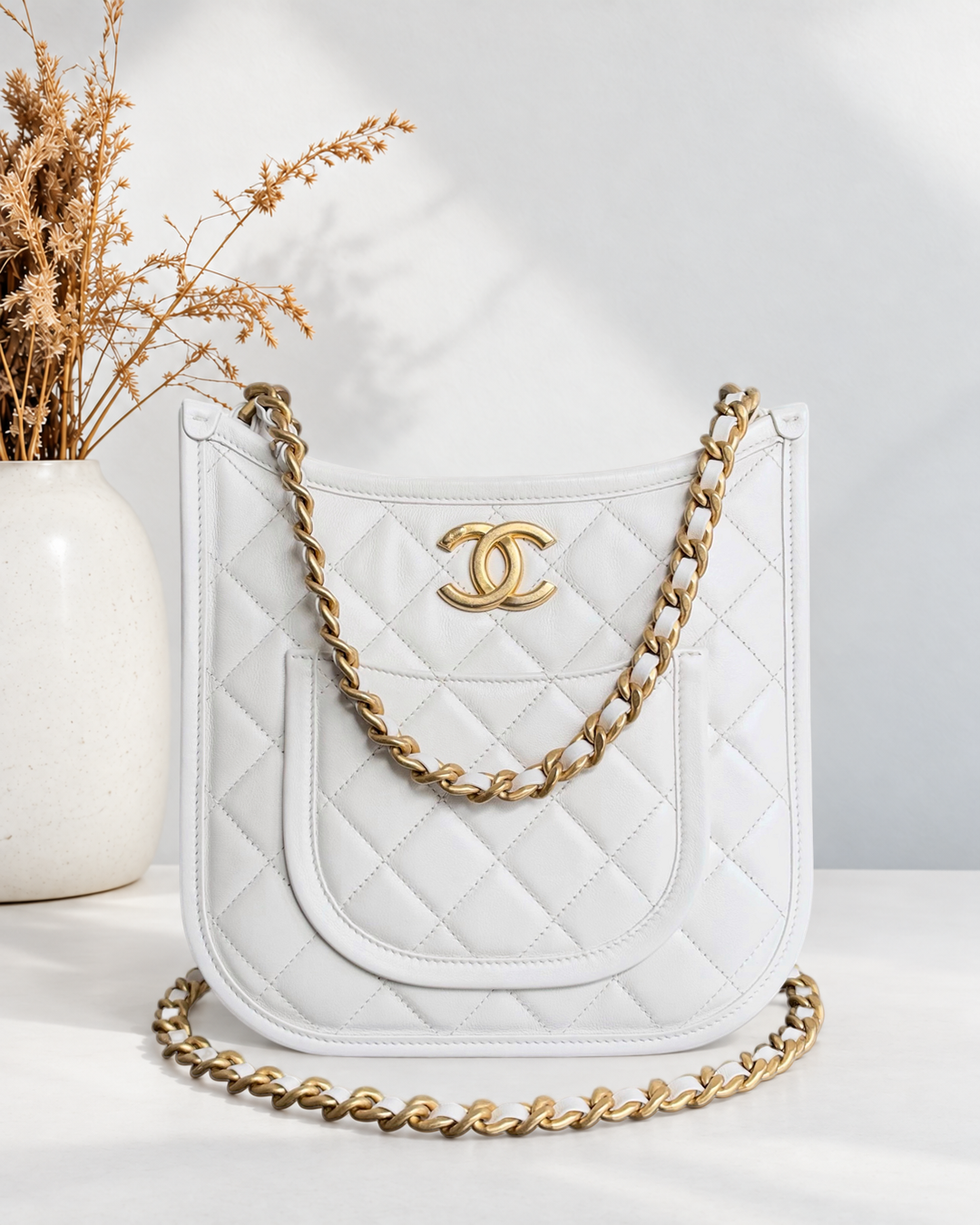 Chanel CC Quilted Hobo White Calfskin Microchip