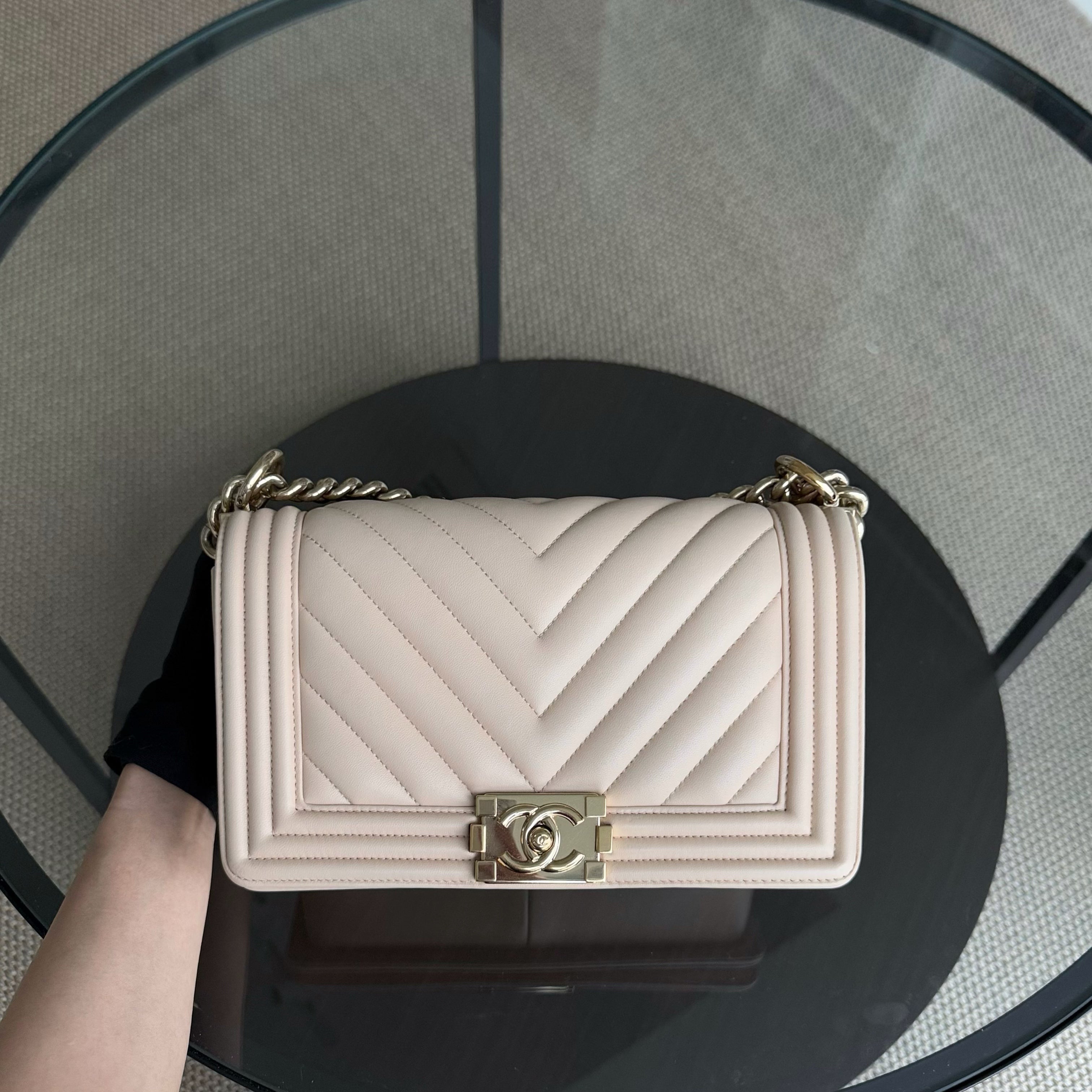 Chanel Boy Medium - 25CM Chevron Calfskin Beige Gold Hardware Series 23