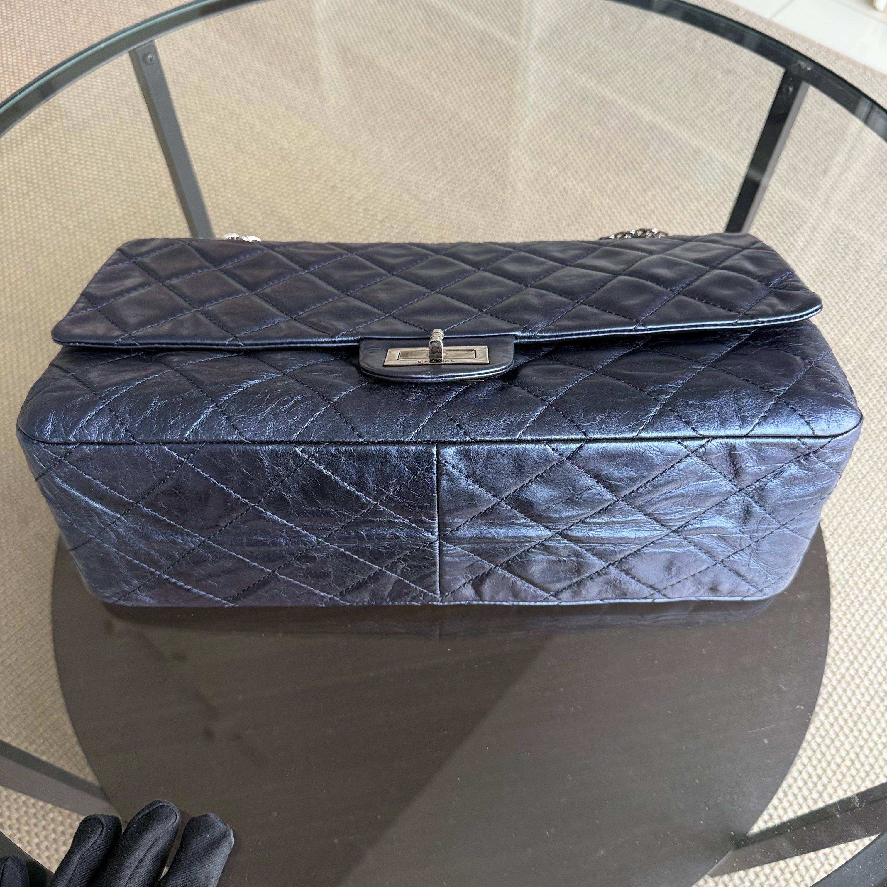 Chanel 2.55 Reissue 228 Maxi - 35CM Quilted Metallic Calfskin Blue Ruthenium Silver Hardware Series 12