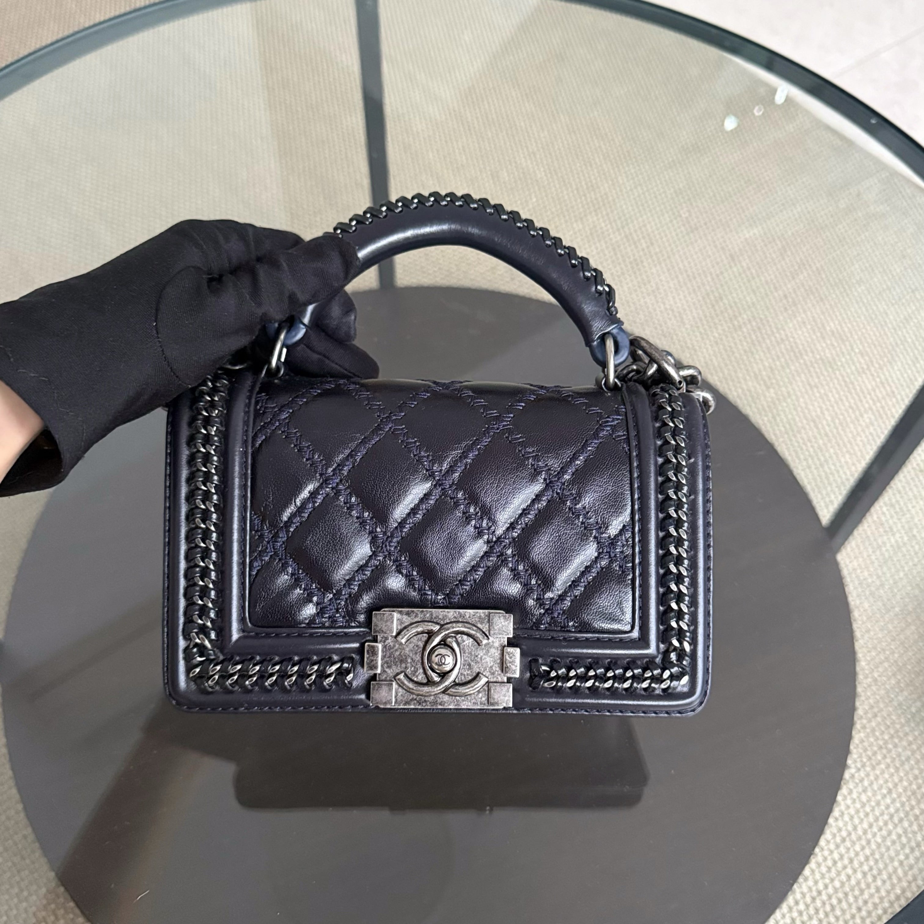 Chanel Boy Small Handle - 20CM Calfskin Chain Around Top Handle Limited Edition Dark Blue Ruthenium Silver Hardware Series 21