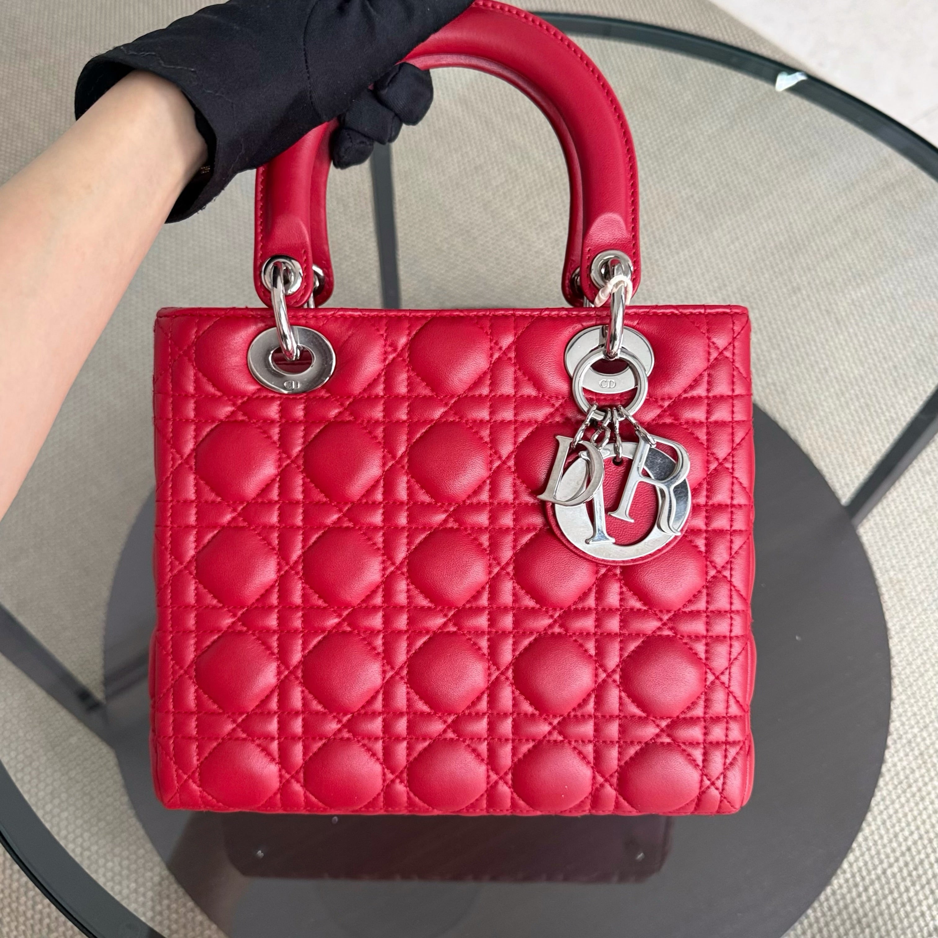 Dior Lady Medium - Cannage Lambskin Red Silver Hardware
