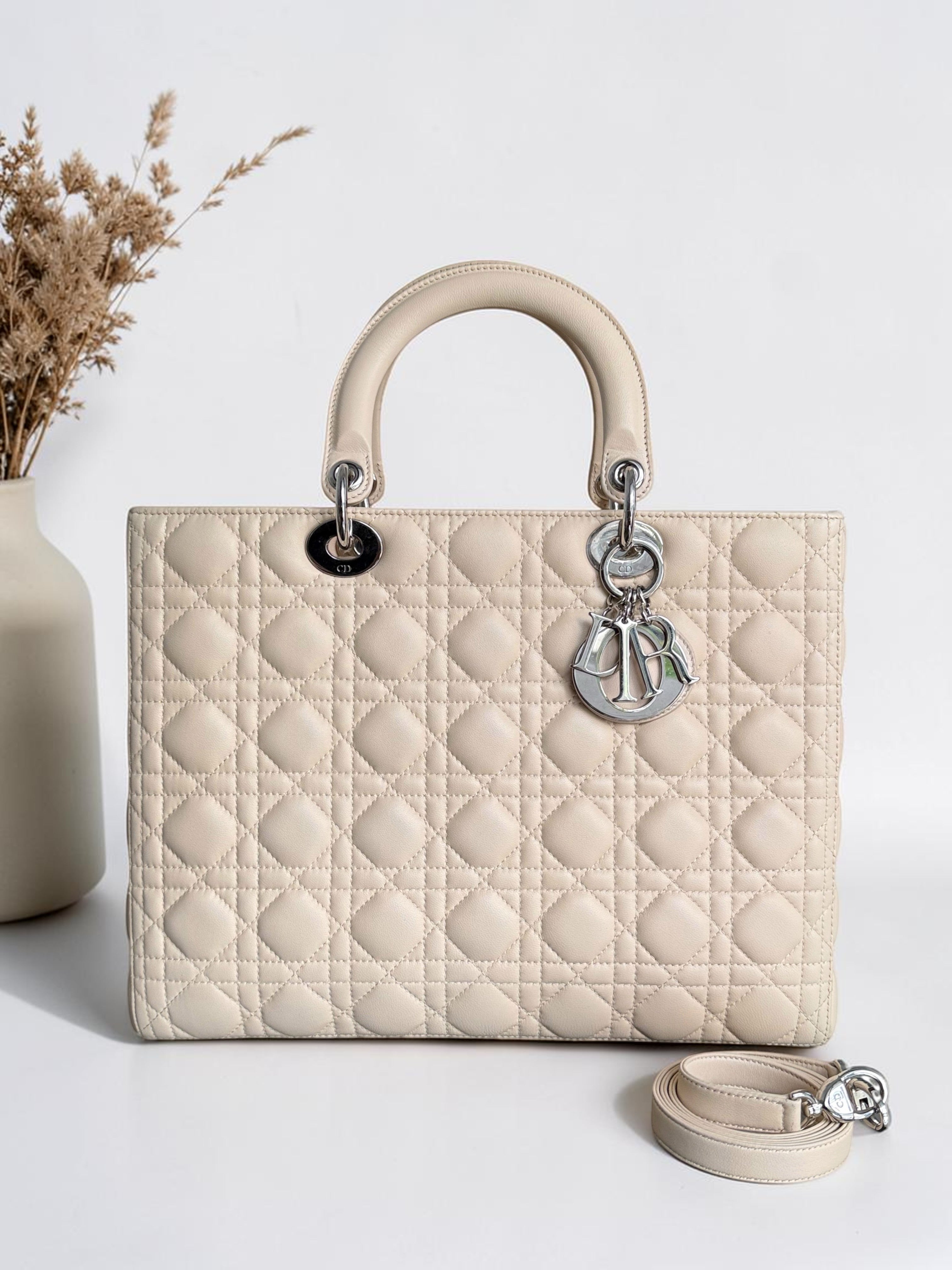 Dior Lady Large - Cannage Lambskin Beige Silver Hardware