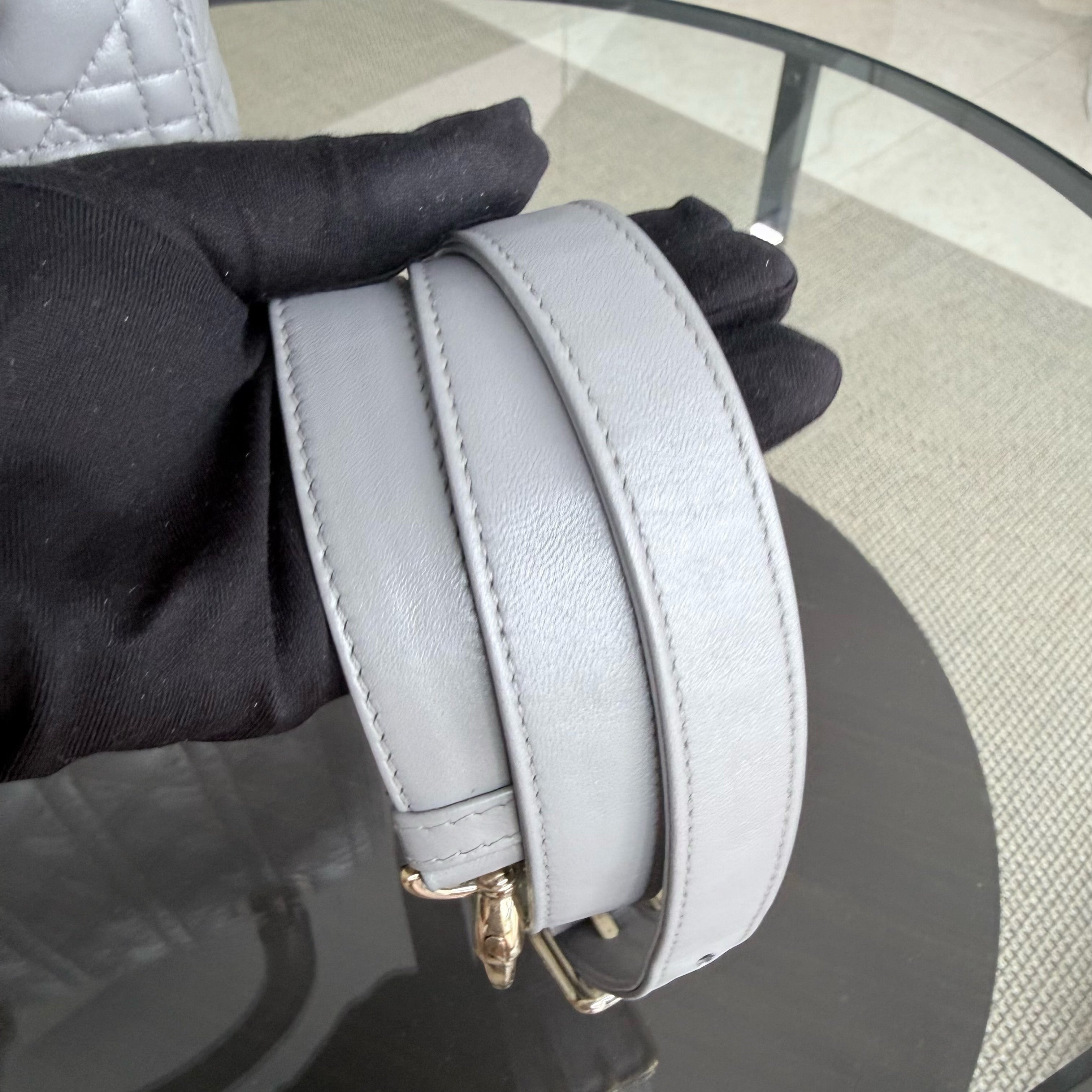 Dior Lady Medium - Cannage Lambskin Gray Grey Gold Hardware Adjustable Strap