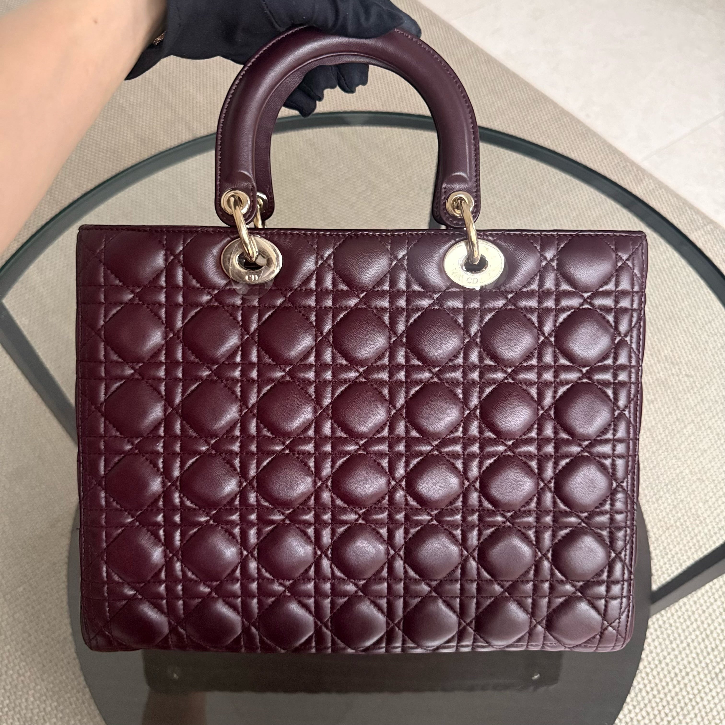 Dior Lady Large - Cannage Lambskin Dark Burgundy Gold Hardware
