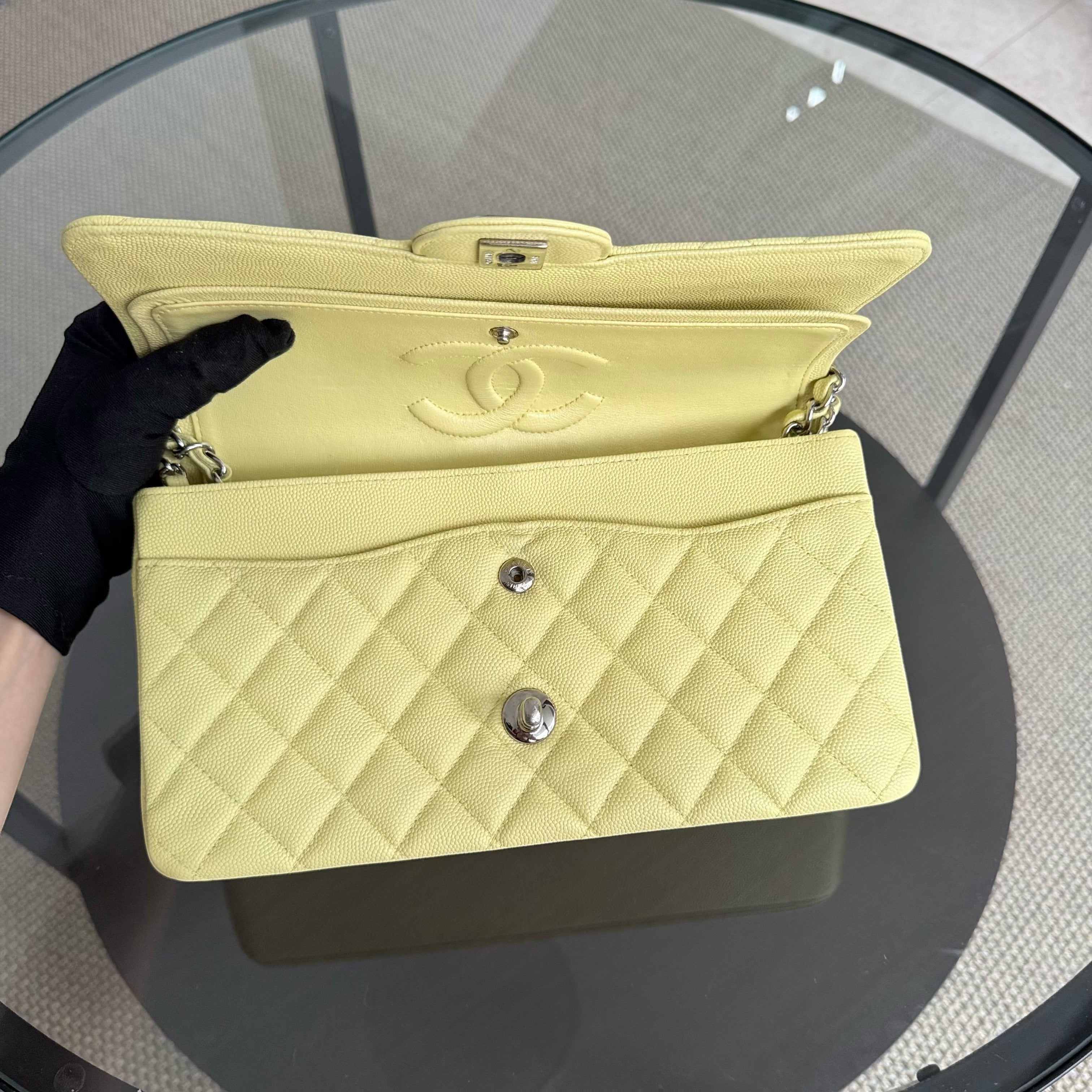 Chanel Classic Flap Medium - Caviar Quilted Light Yellow Silver Hardware Series 25