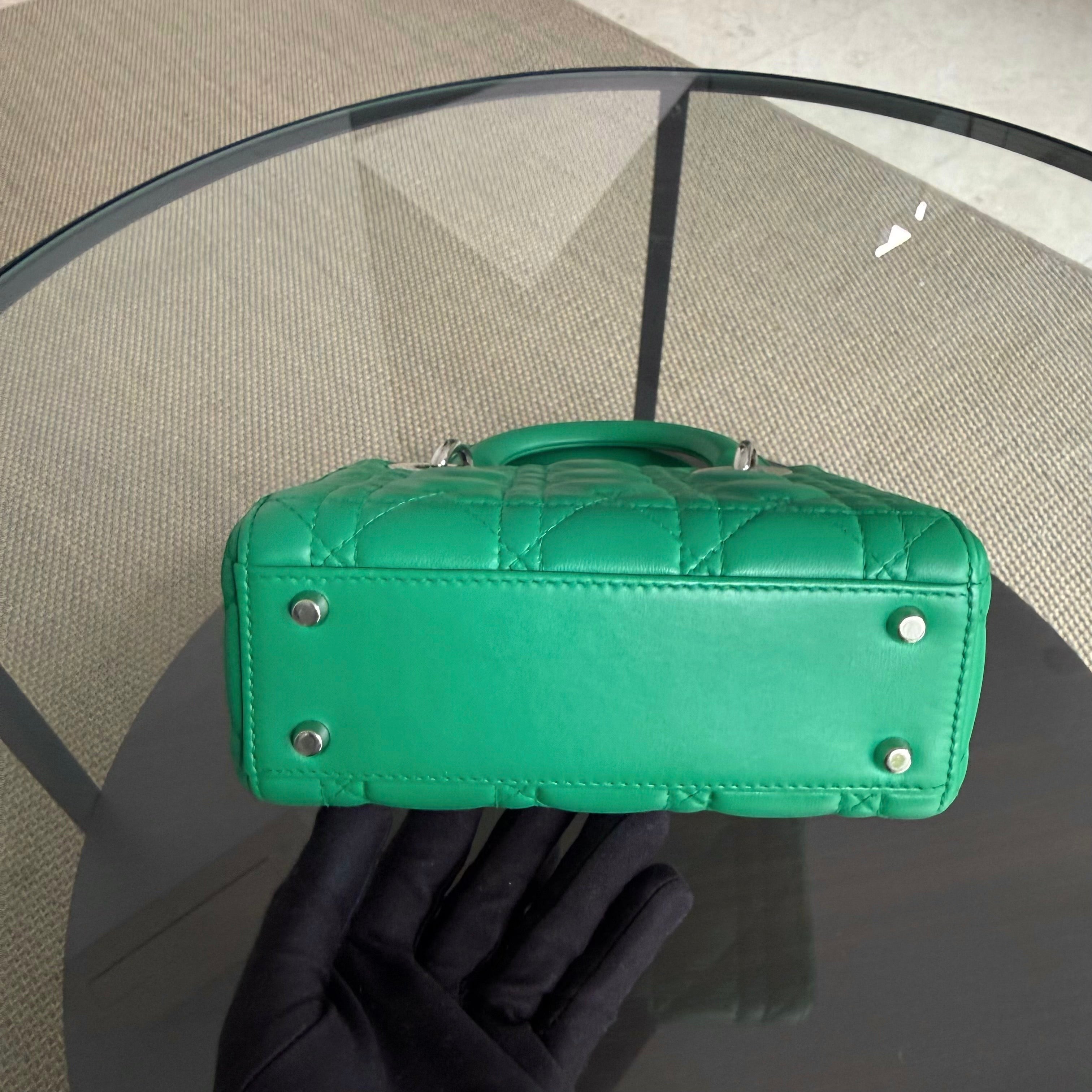 Dior Lady Mini - Cannage Lambskin Emerald Green Silver Hardware Adjustable Strap