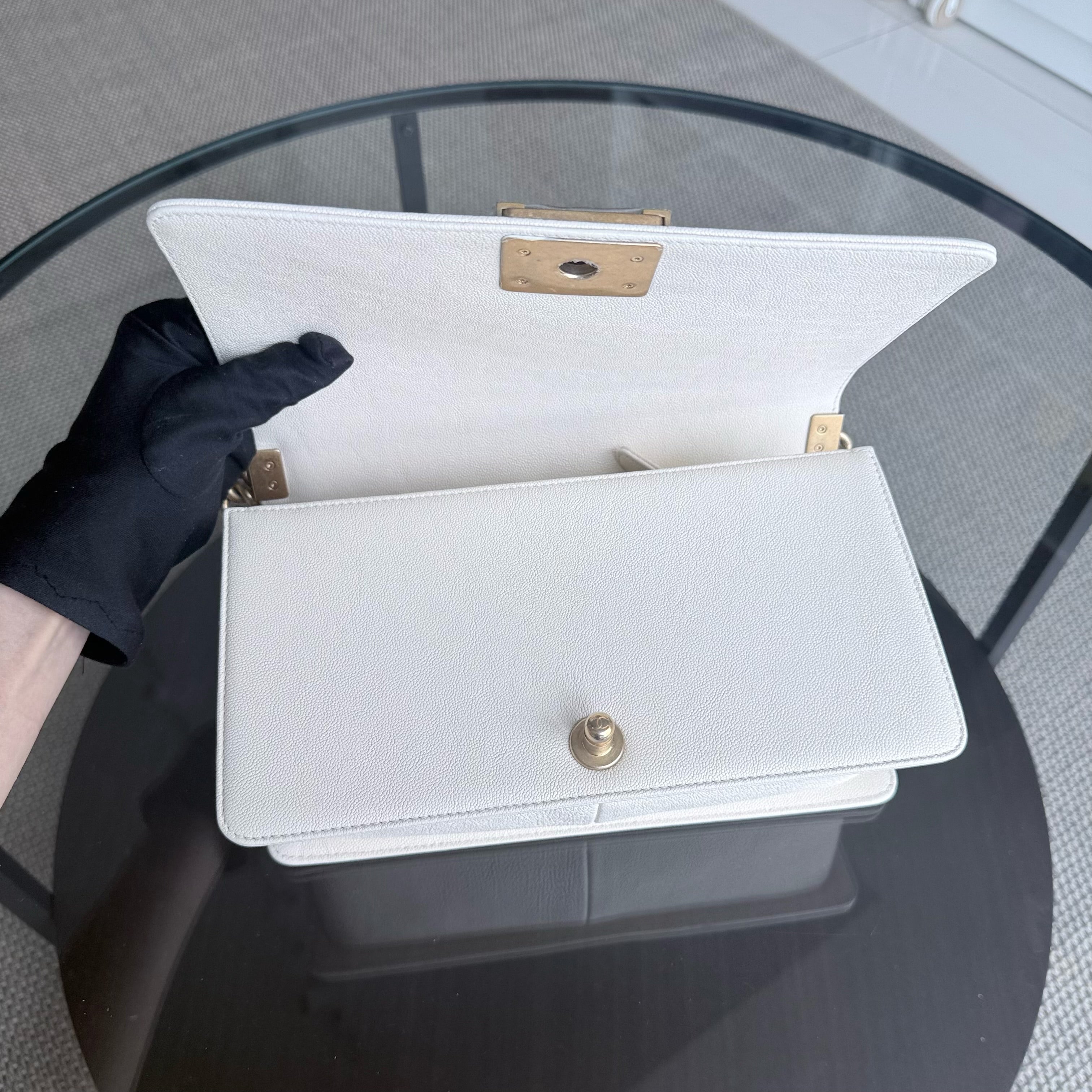 Chanel Boy Medium - Caviar 25CM Cream White Aged Gold Hardware Series 26