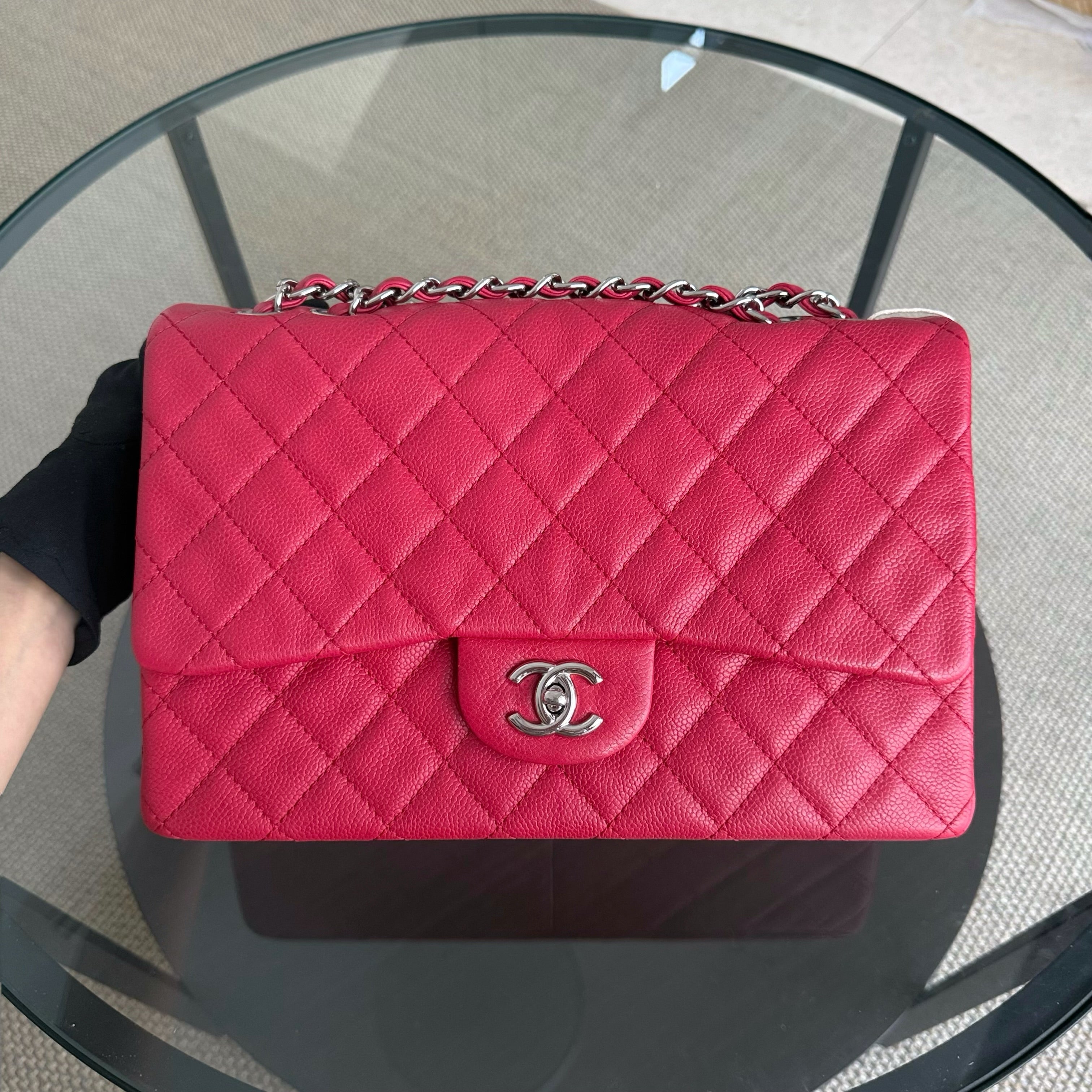Chanel Classic Flap Jumbo - Caviar 30CM Single Flap Quilted Pink Red Silver Hardware Series 12