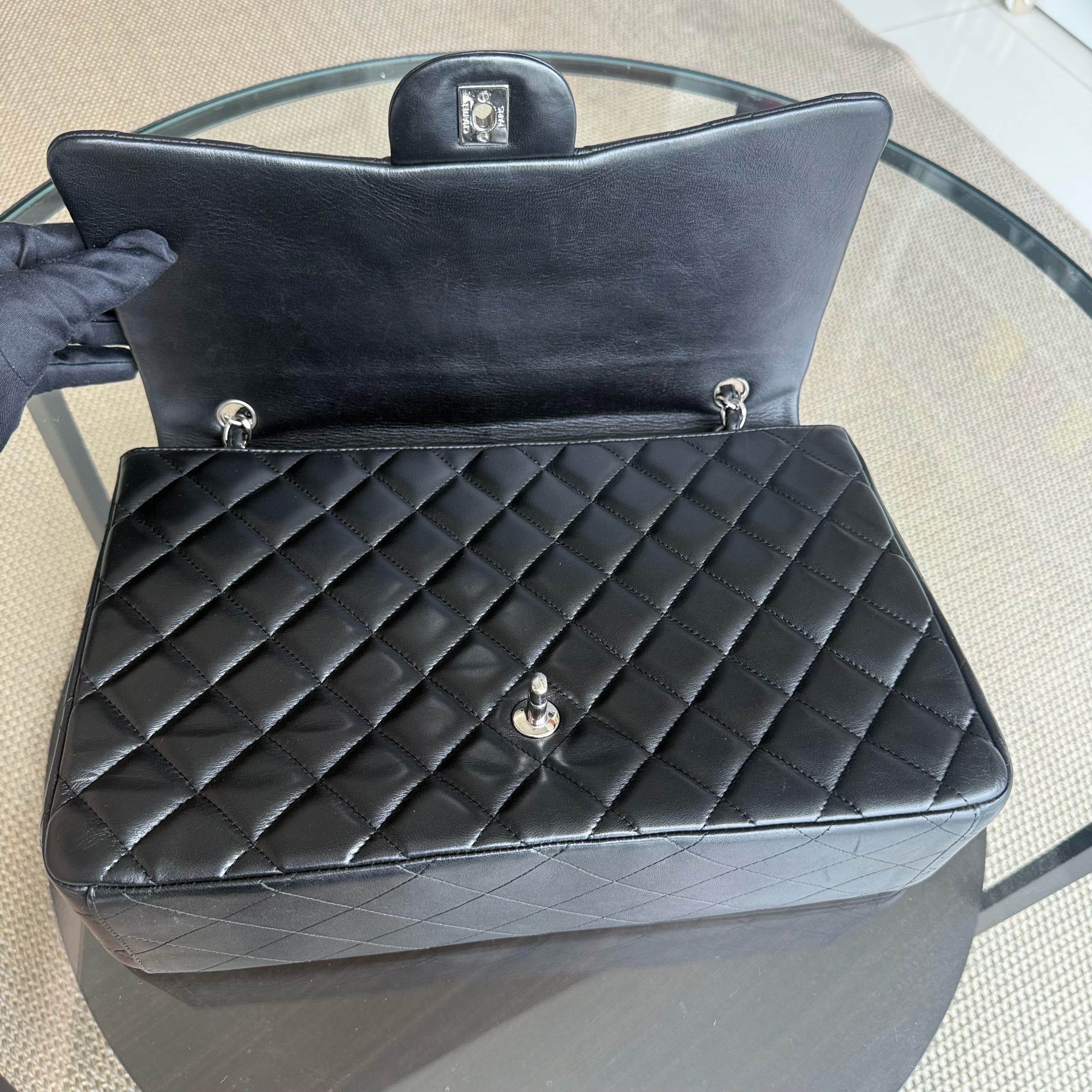 Chanel Classic Flap Maxi - 34CM Quilted Single Flap Lambskin Black Silver Hardware Series 13