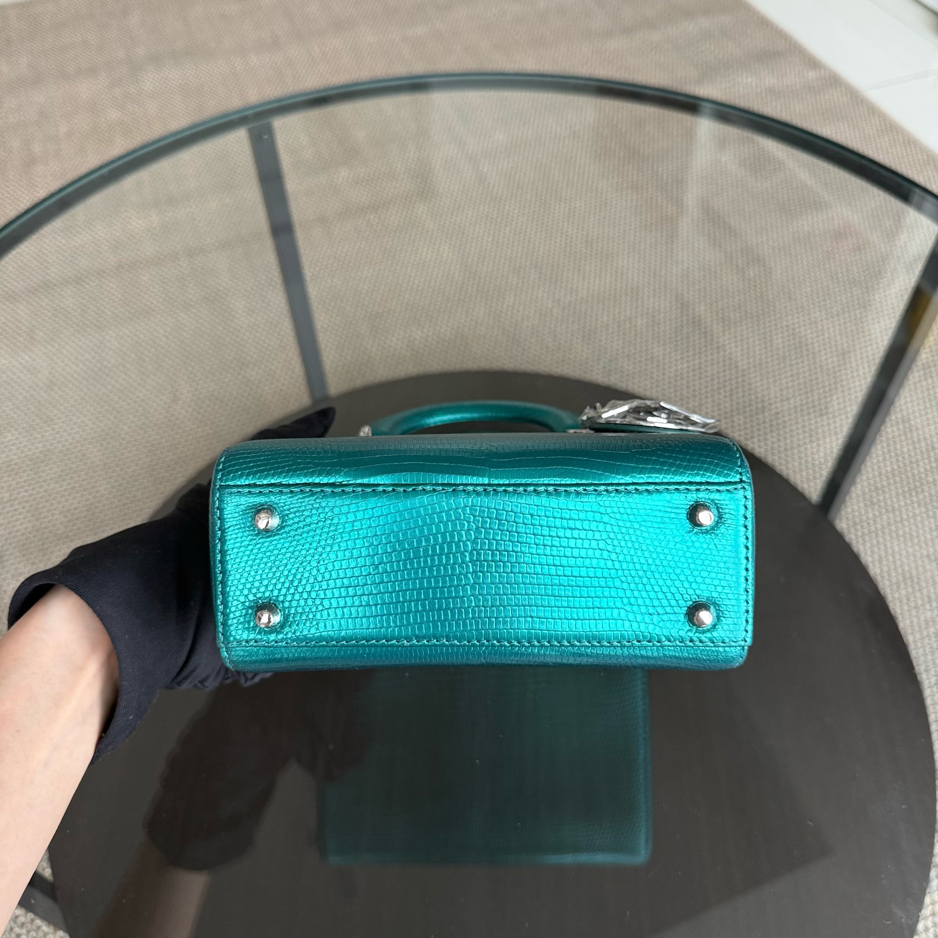 Dior Lady Mini - Exotic Lizard Green color Silver Hardware