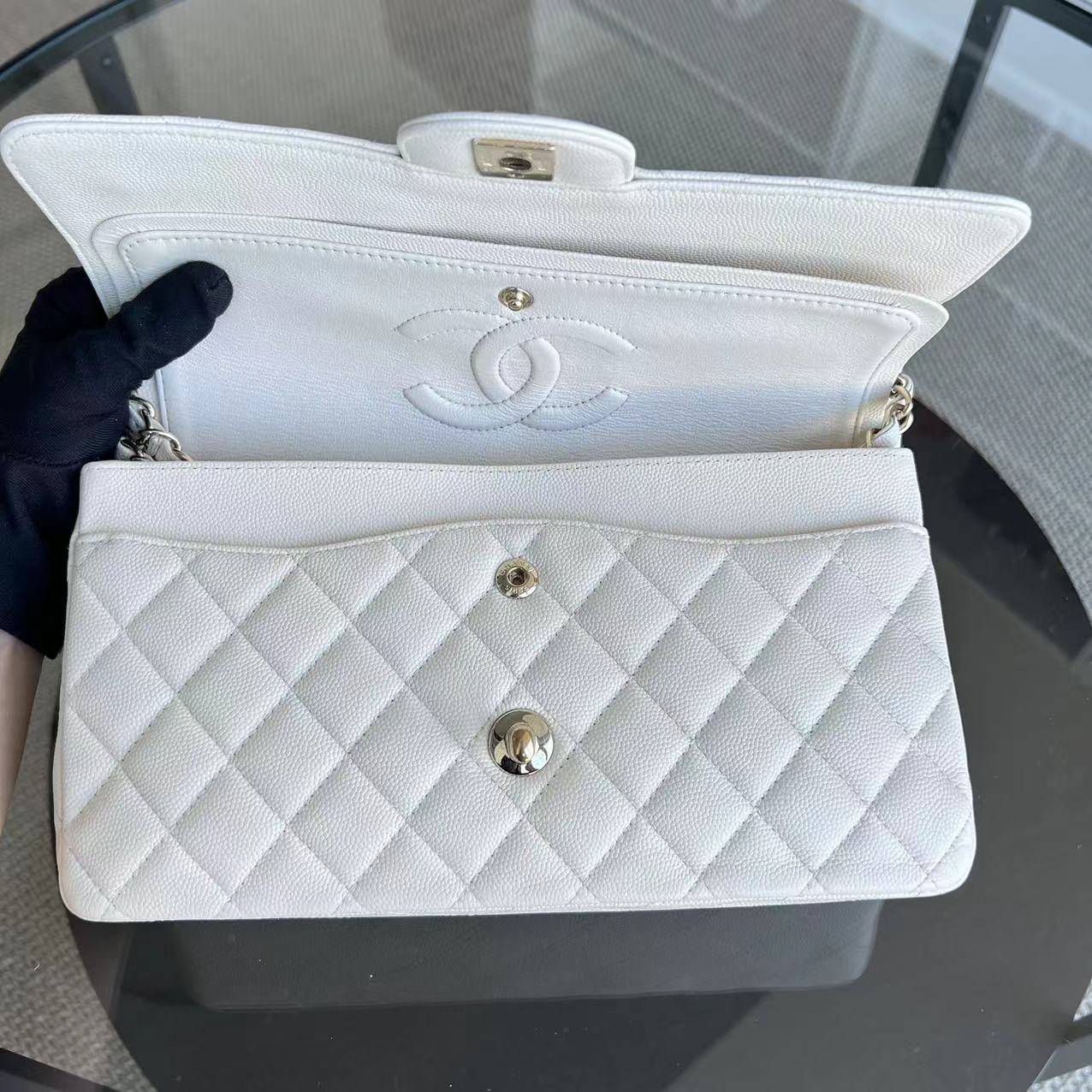 Chanel Caviar Medium Classic Flap Double Flap 25CM Quilted Calfskin White GHW No 23