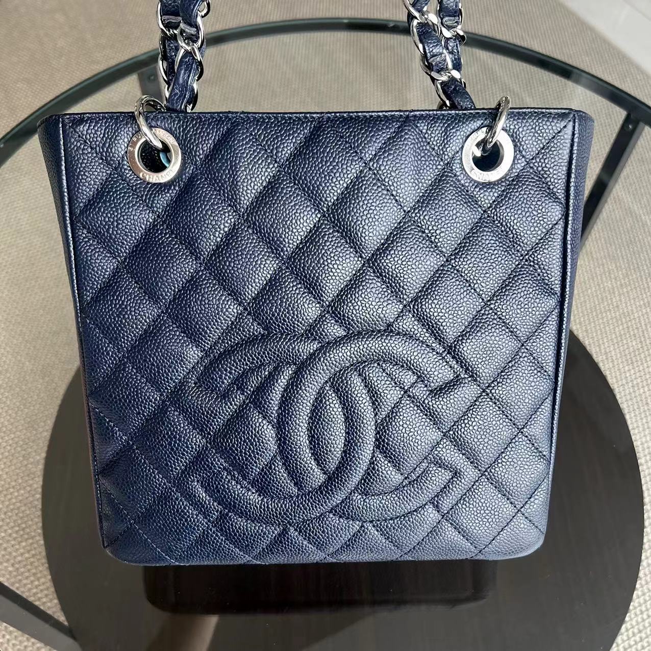 PST Petite Shopping Tote Caviar Quilted Dark Blue Silver Hardware Series 18