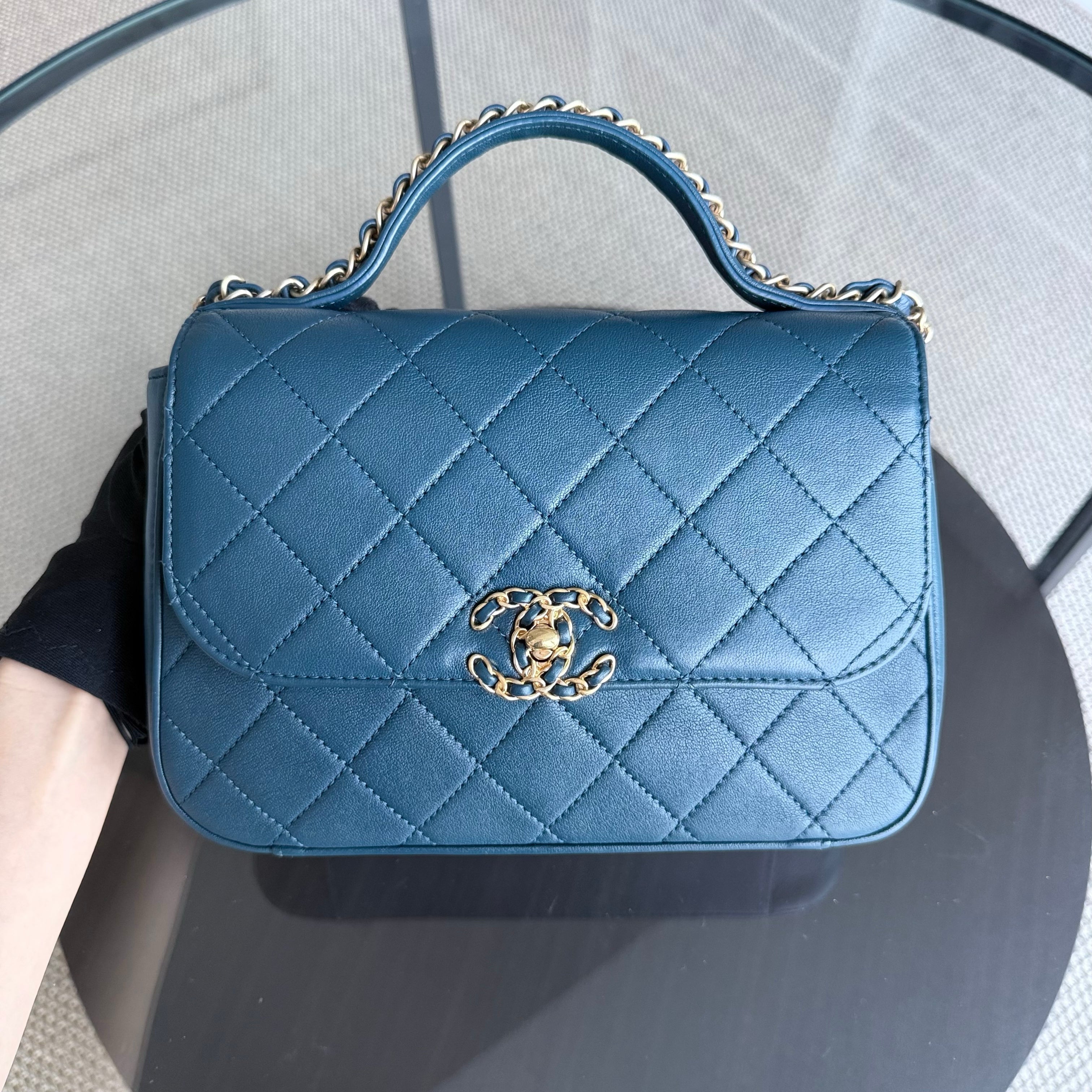 Chanel 19 Bag Flap - C19 With Top Handle Quilted Lambskin Navy Blue Gold Hardware Series 28