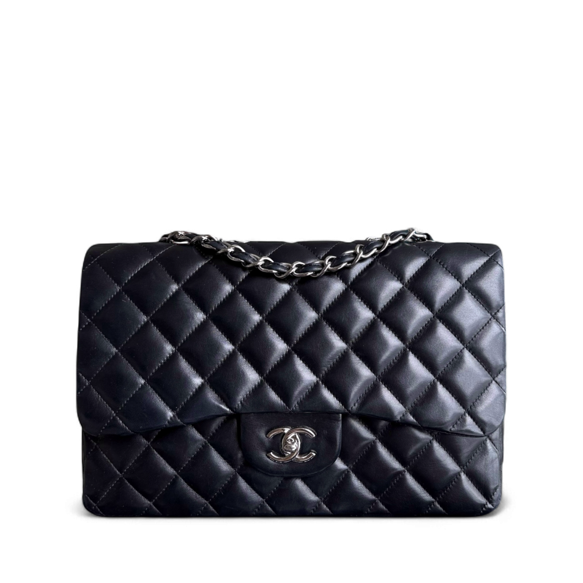 Chanel Classic Flap Jumbo - 30CM Quilted Lambskin Single Flap Black Silver Hardware