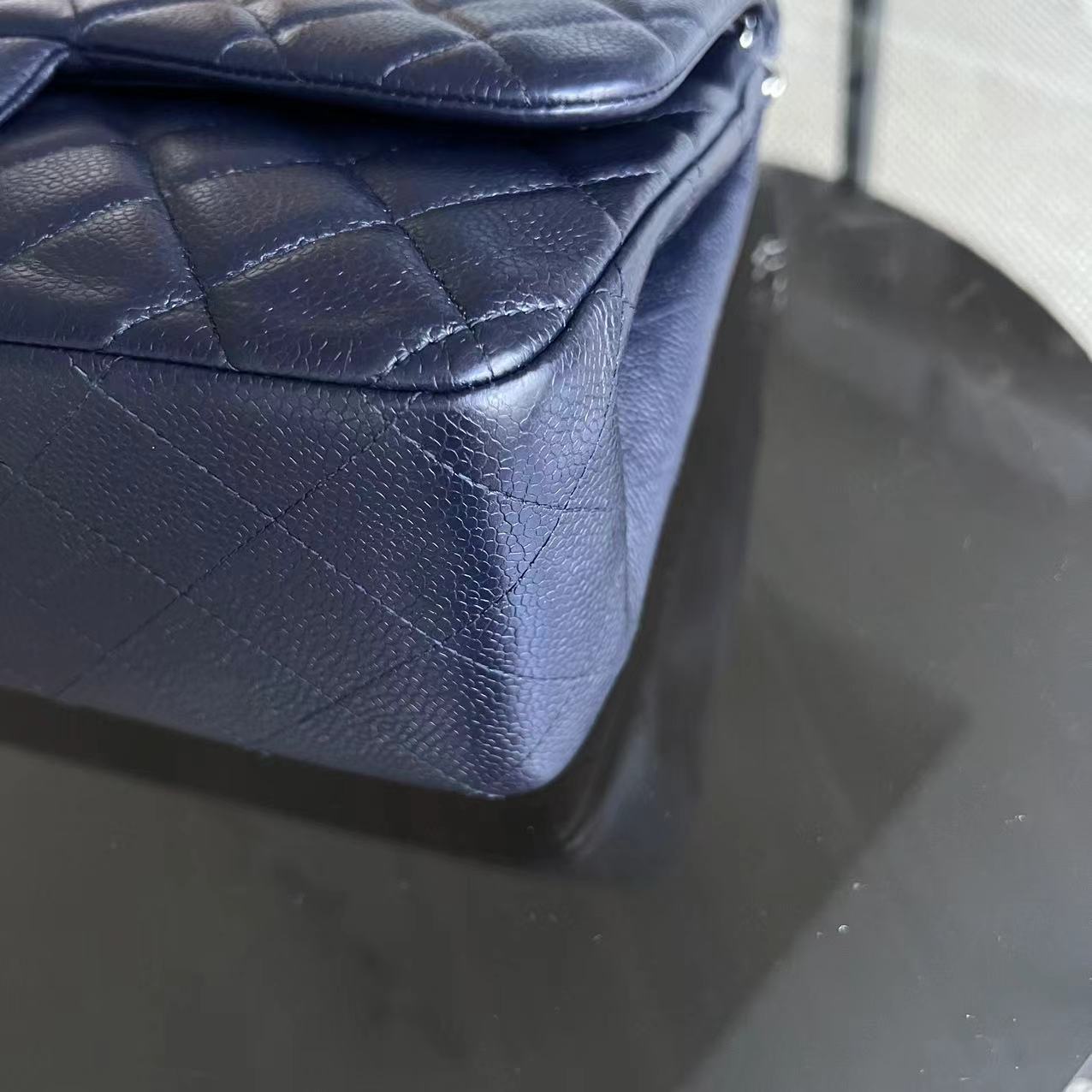 Caviar Jumbo Double Flap Classic Flap Quilted Grained Calfskin Dark Blue Silver Hardware Series 19