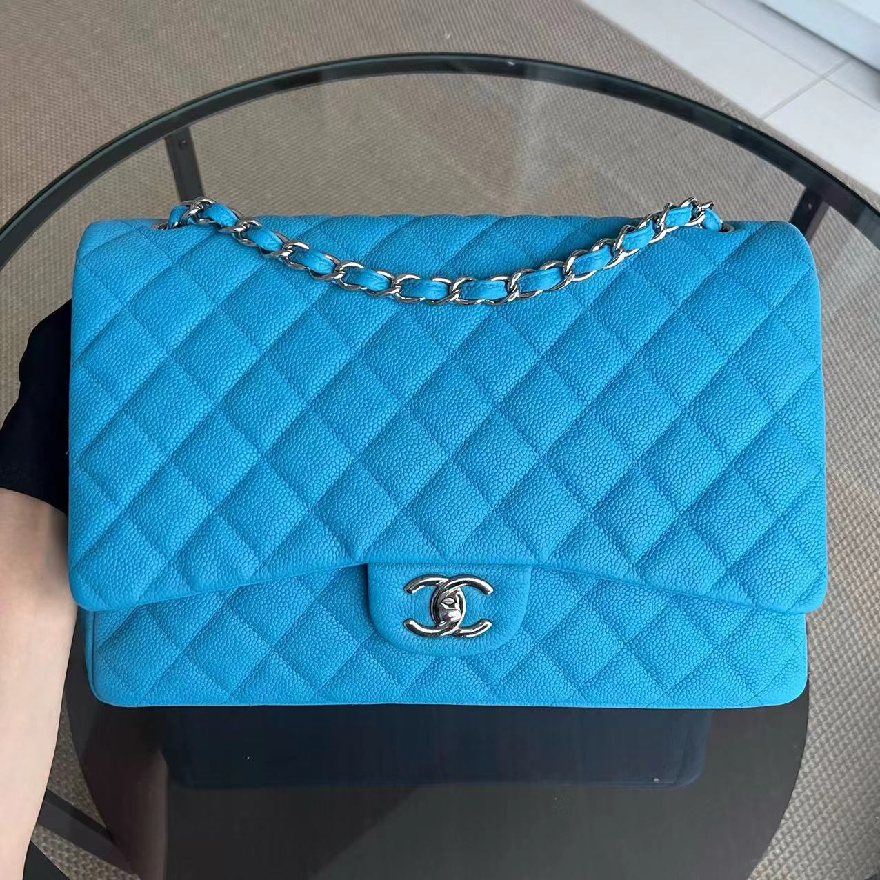 Chanel Maxi Classic Flap Caviar Double Flap Quilted Grained Calfskin Blue Silver Hardware Series 17