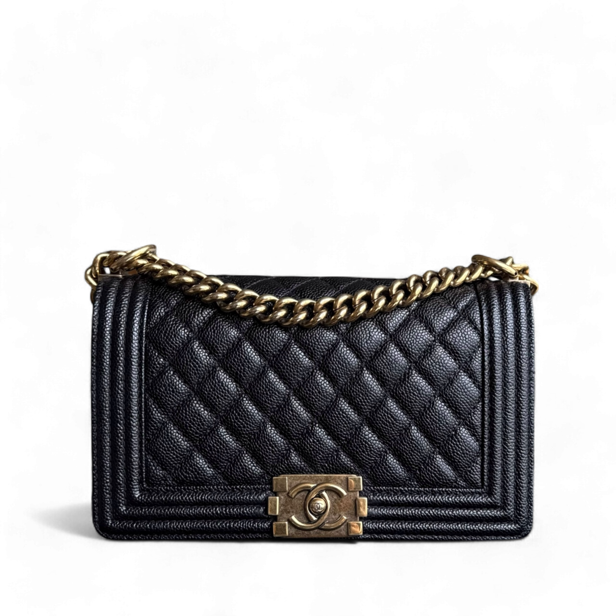 Chanel Boy Medium - Caivar 25CM Quilted Black Ruthenium Gold Hardware Series 20