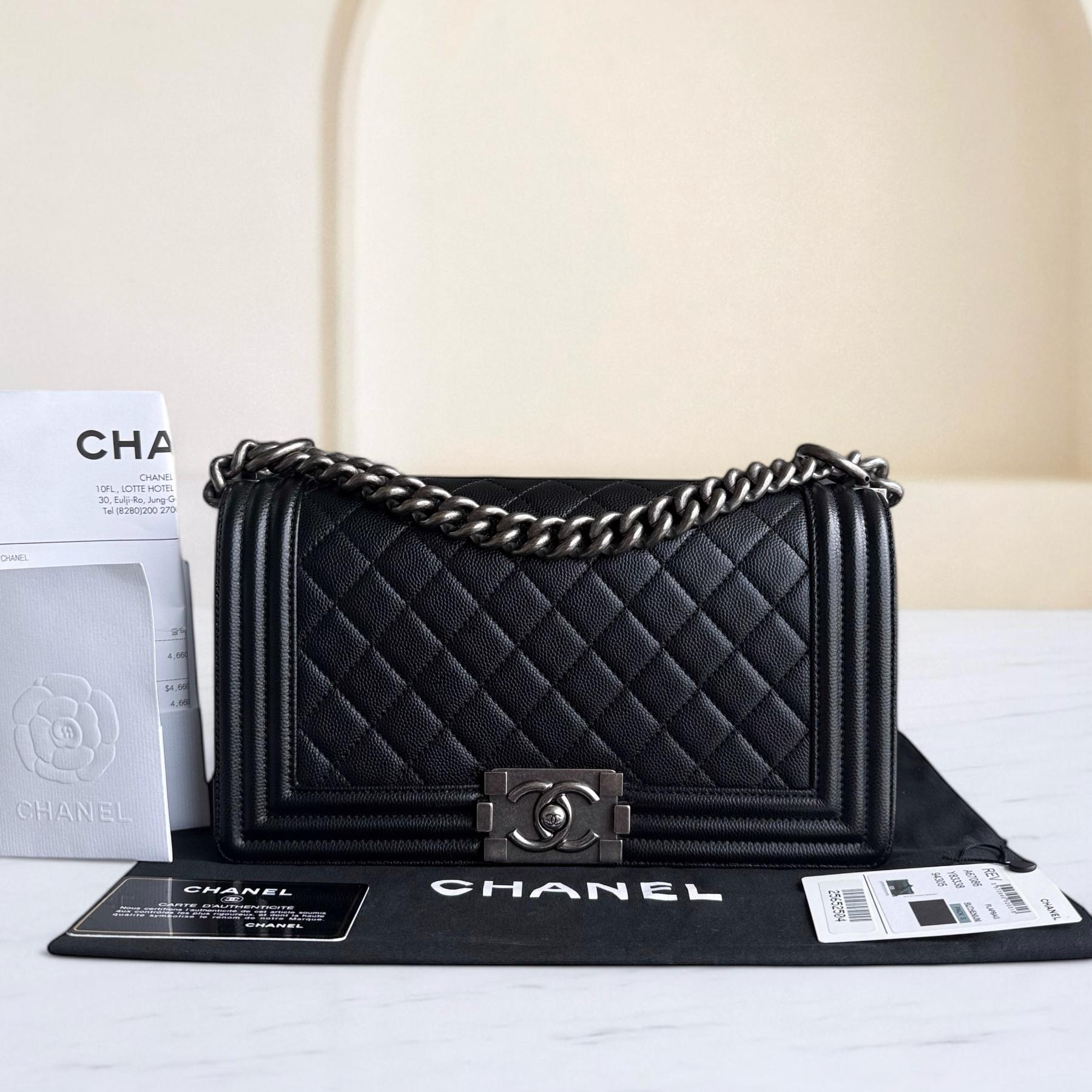 Chanel Boy Medium - Caviar 25CM Quilted Grained Calfskin Black Ruthenium Silver Hardware Series 25