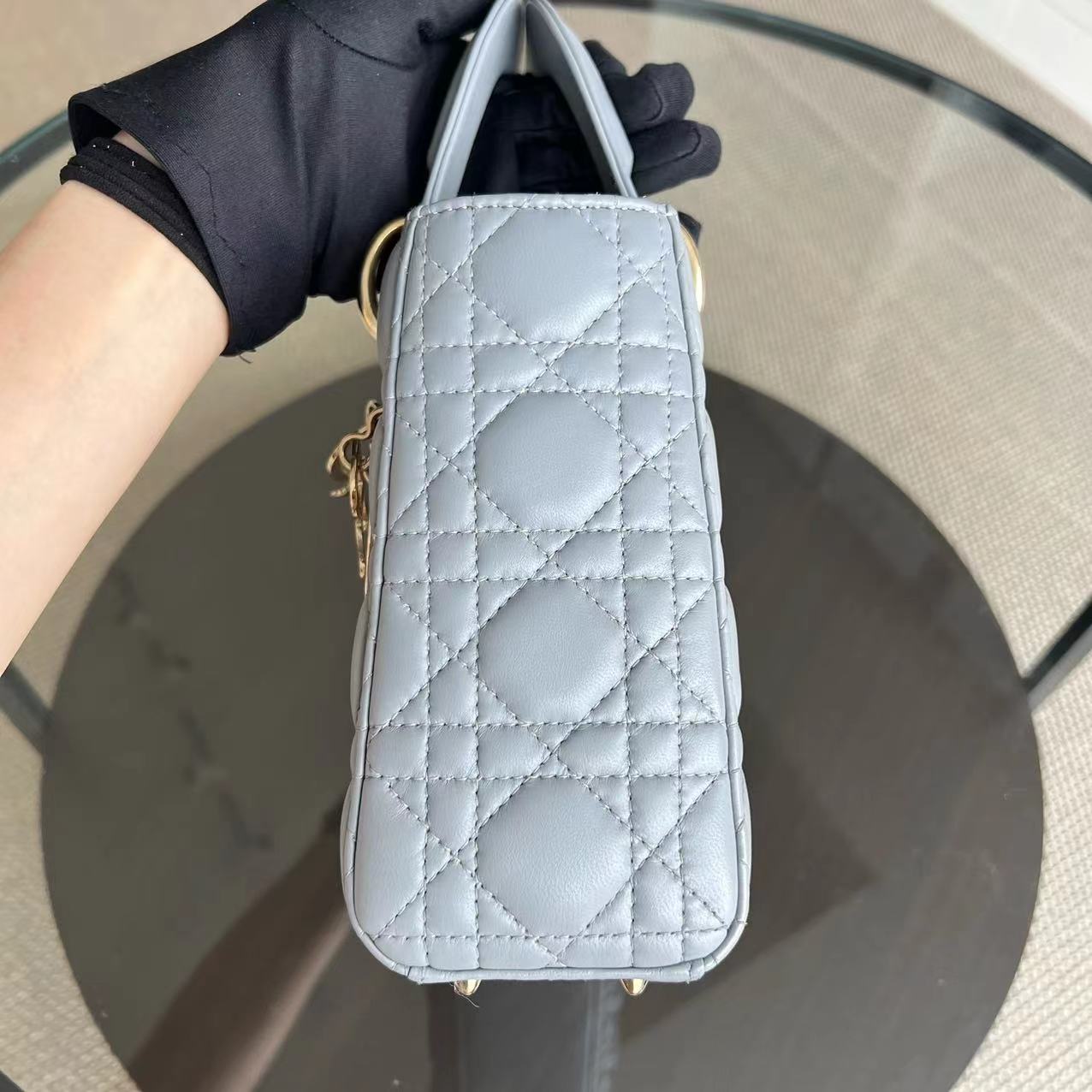 Dior Lady Small Size Lambskin Cannage Grey Gray Golden Hardware ABC