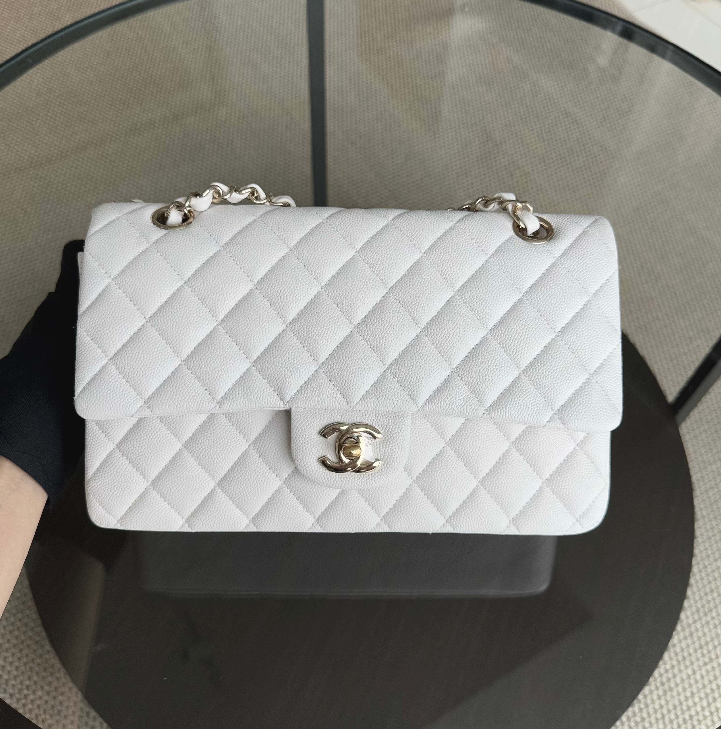 Chanel Classic Flap Medium - Caviar 25CM Quilted Snow White Gold Hardware Series 27