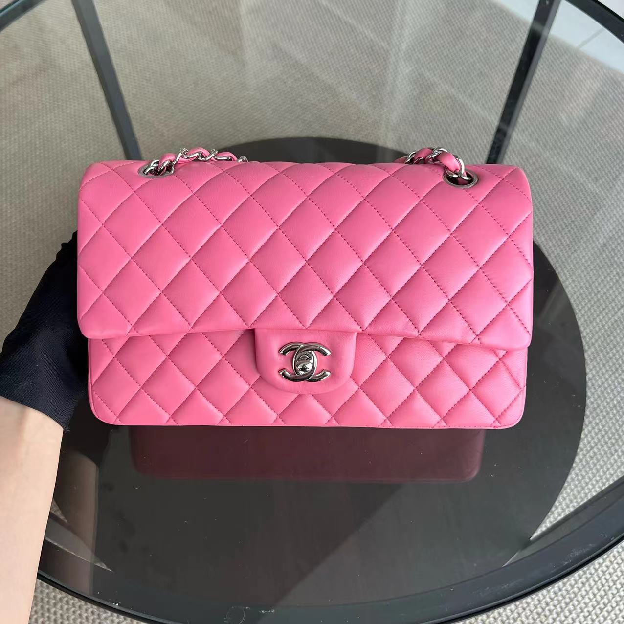 Chanel Medium Classic Flap Quilted Lambskin Sakura Pink Silver Hardware Series 16