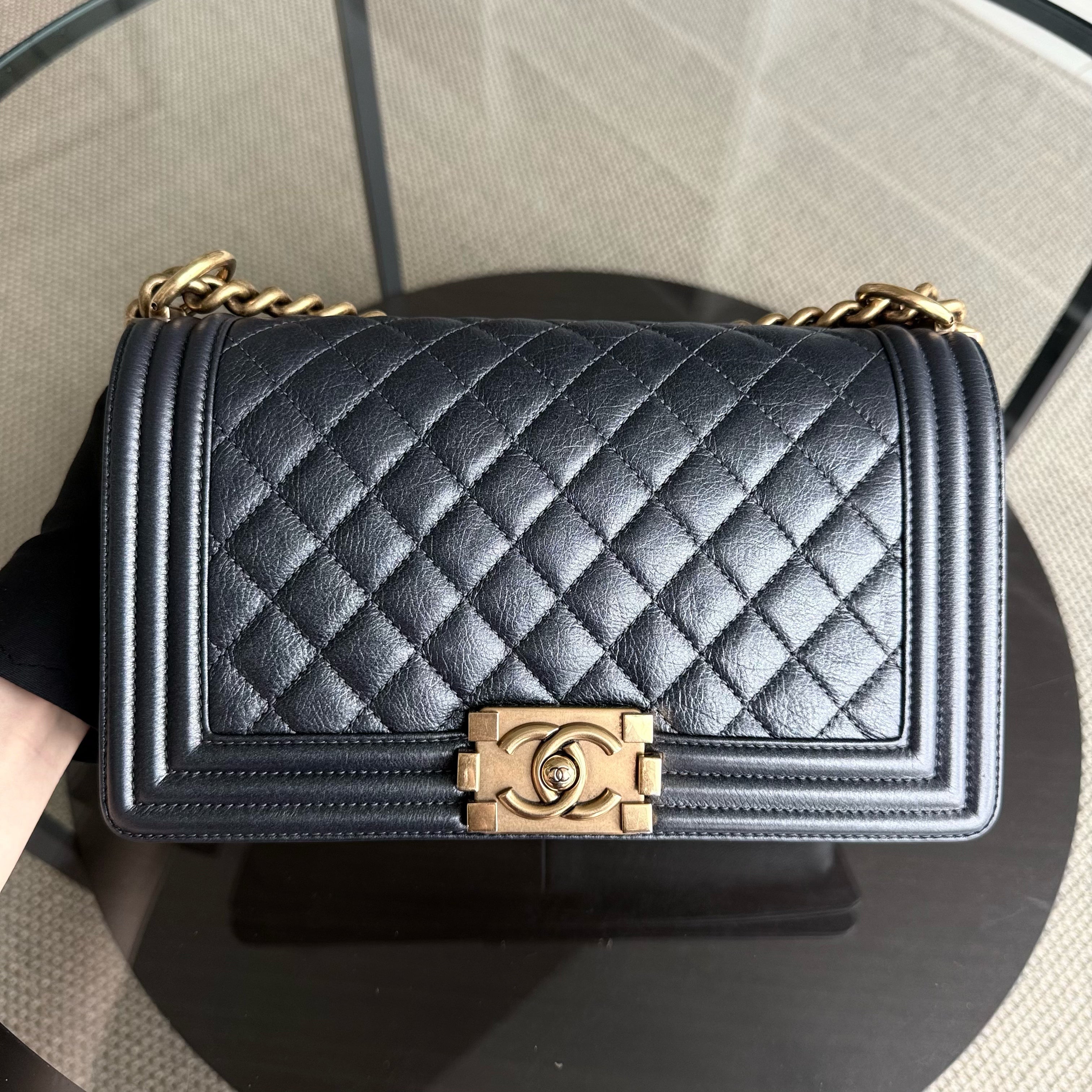 Chanel Boy Medium - Calfskin 25CM Quilted Iridescent Charcoal Black Aged Gold Hardware Series 20