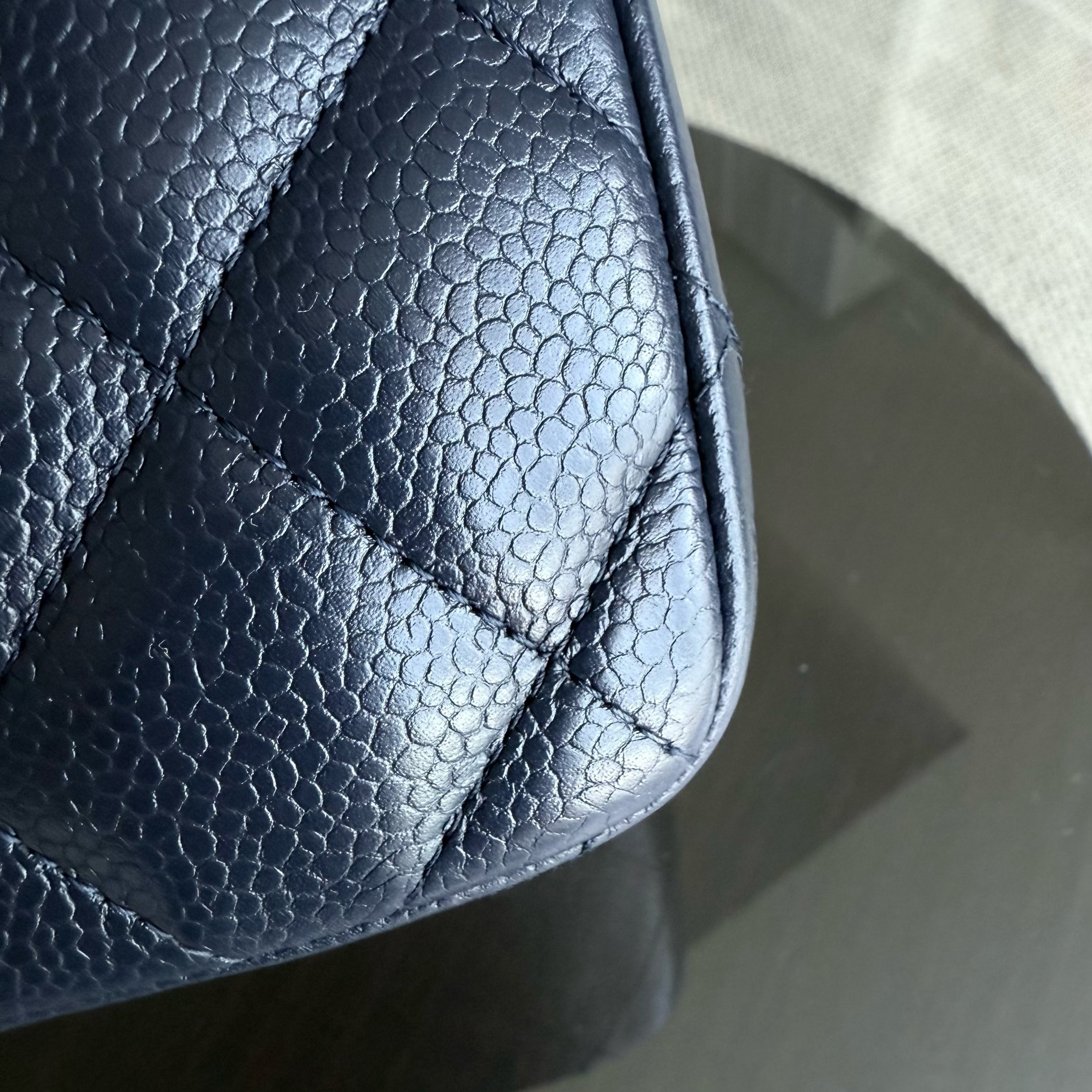 Chanel Classic Flap Jumbo - Caviar Double Flap 30CM Quilted Grained Calfskin Dark Navy Blue Silver Hardware Series 19