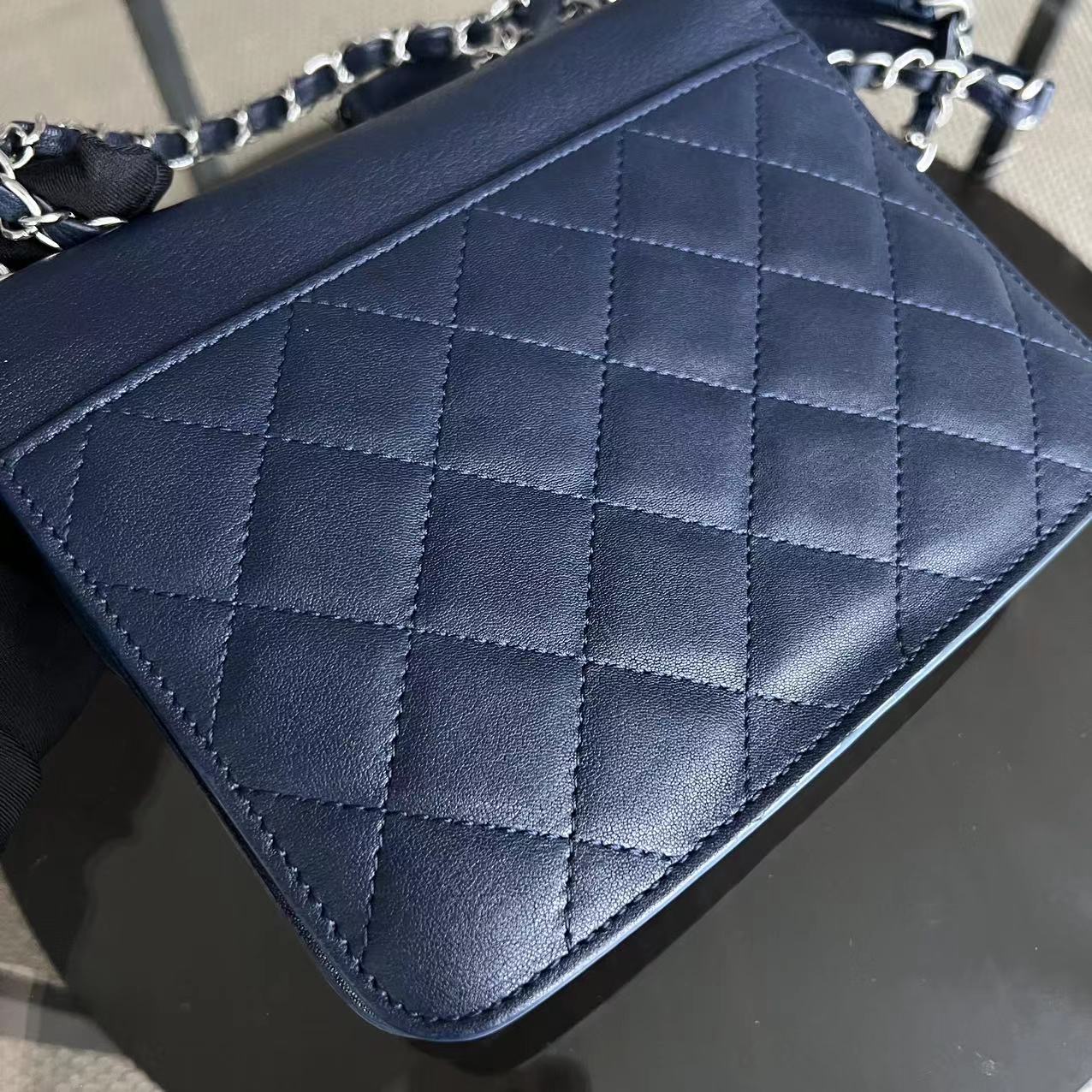 *Full Set, Receipt* Small CC Box Flap Bag Quilted Calfskin Dark Blue Silver Hardware Series 25