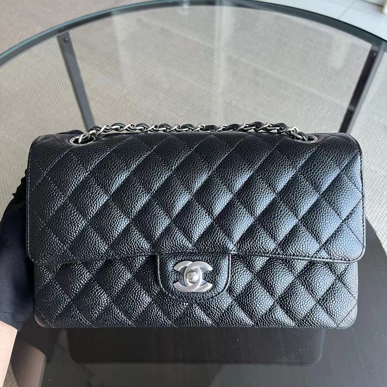 *Unused* Chanel Caviar Medium Classic Flap Double Flap 25CM Quilted Grained Calfskin Black Silver Hardware Series 23