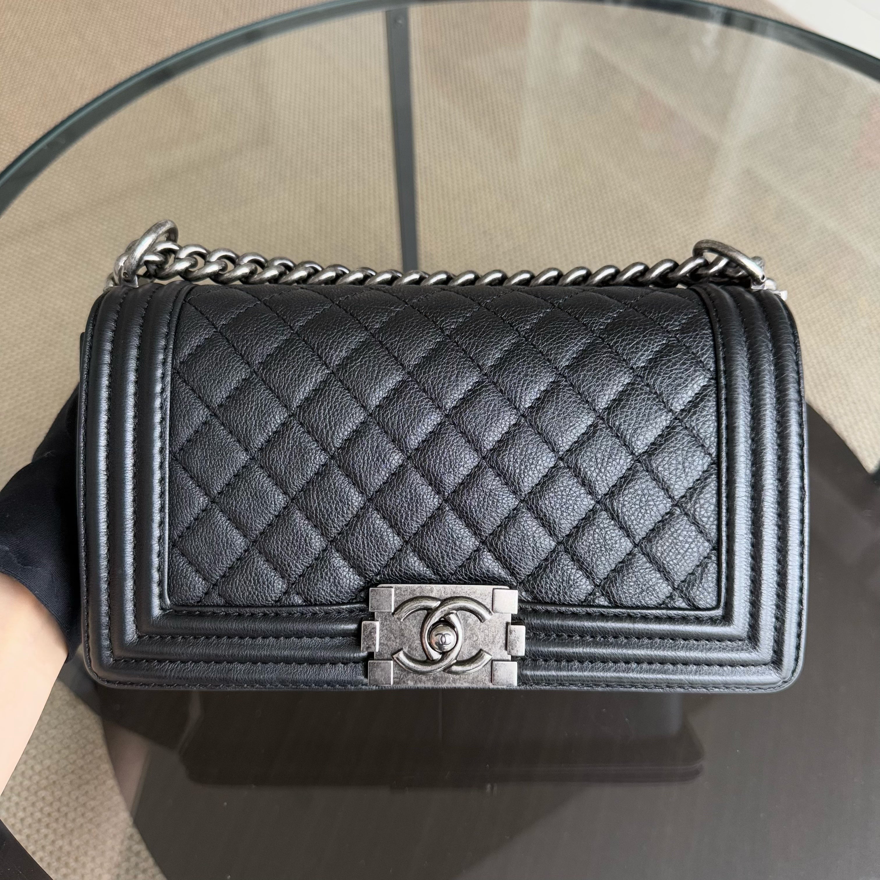 Chanel Boy Medium - 25CM Quilted Grained Calfskin Black Ruthenium Silver Hardware Series 18