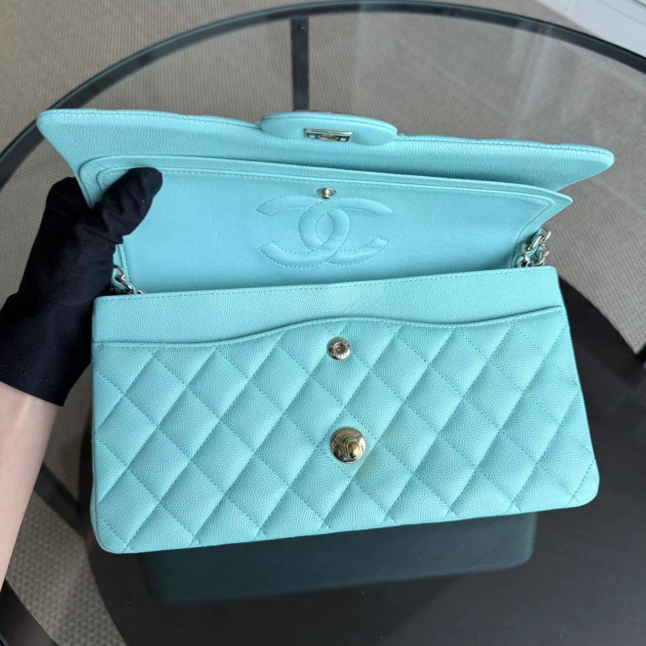 *Rare* Chanel Classic Flap Medium - Caviar 25CM Quilted Tiffany Blue Gold Hardware Series 27