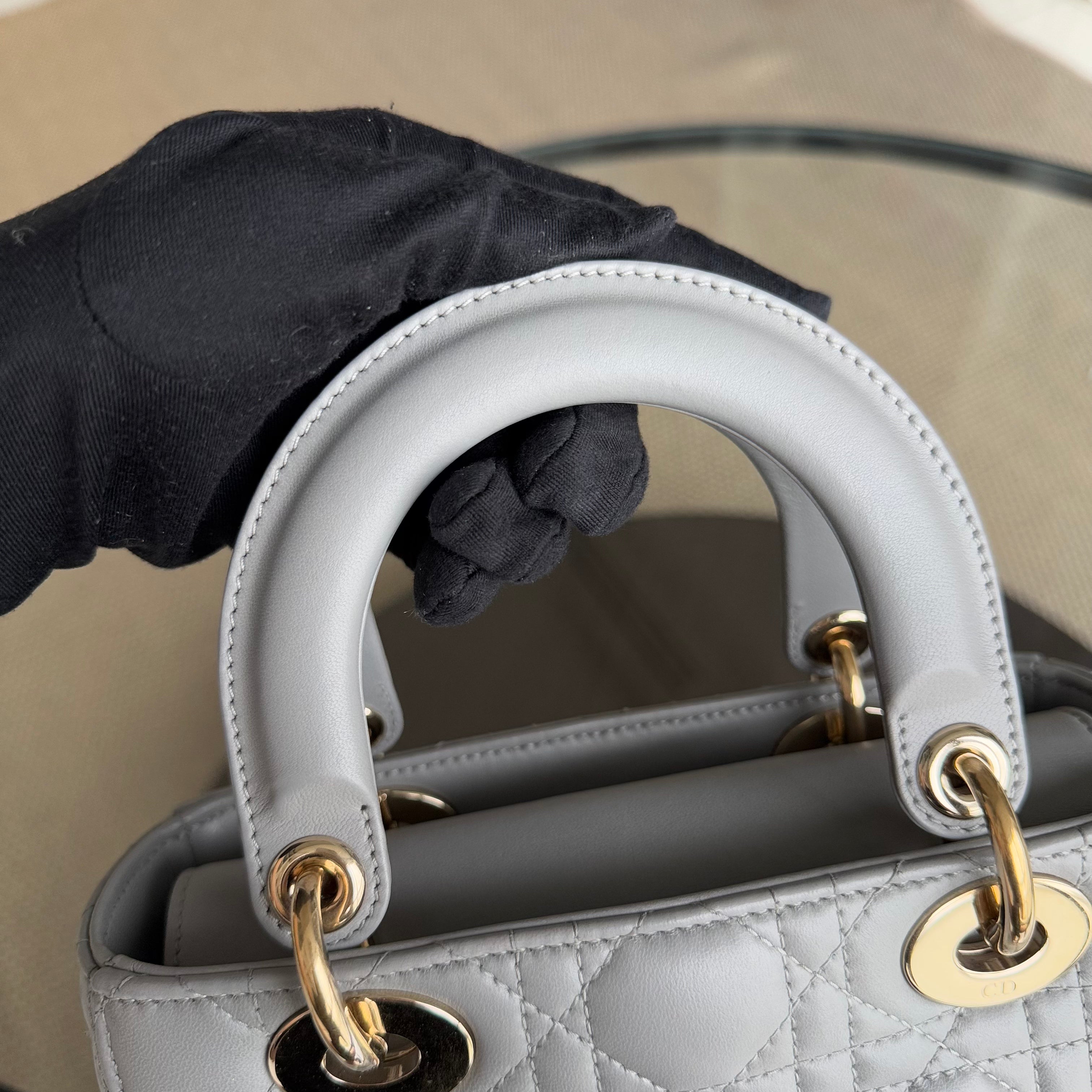 Dior Lady Small - Cannage Lambskin Grey Gray Gold Hardware